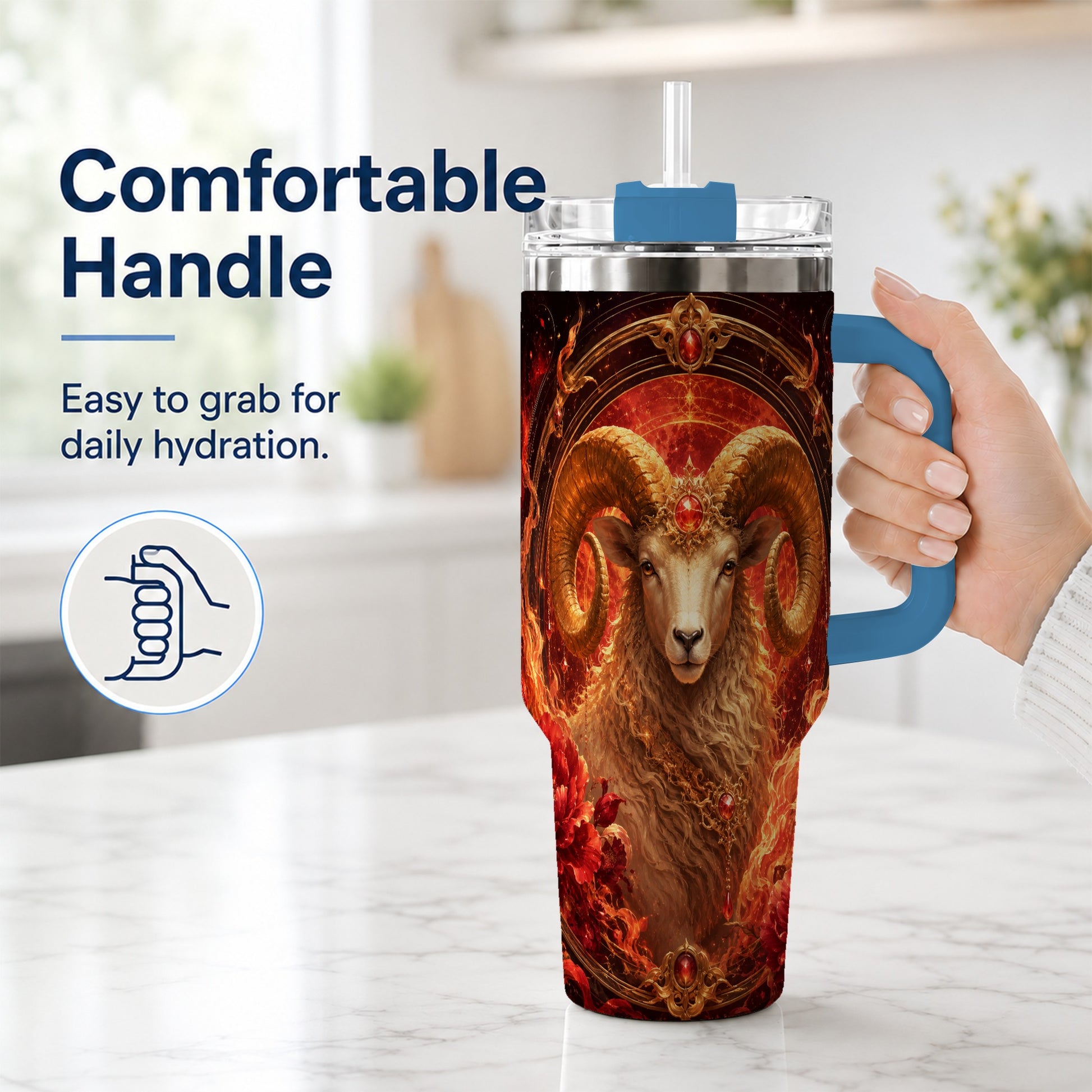 #pl[40oz|Blue] Aries Ram 40oz Tumbler with Handle, Fiery Zodiac Celestial Art