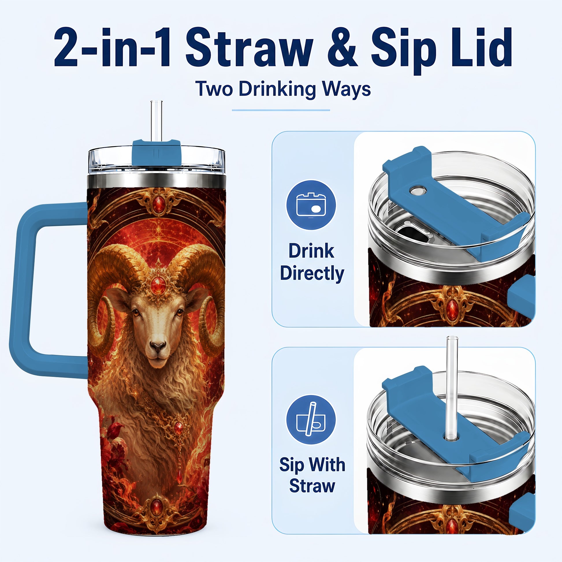 #pl[40oz|Blue] Aries Ram 40oz Tumbler with Handle, Fiery Zodiac Celestial Art