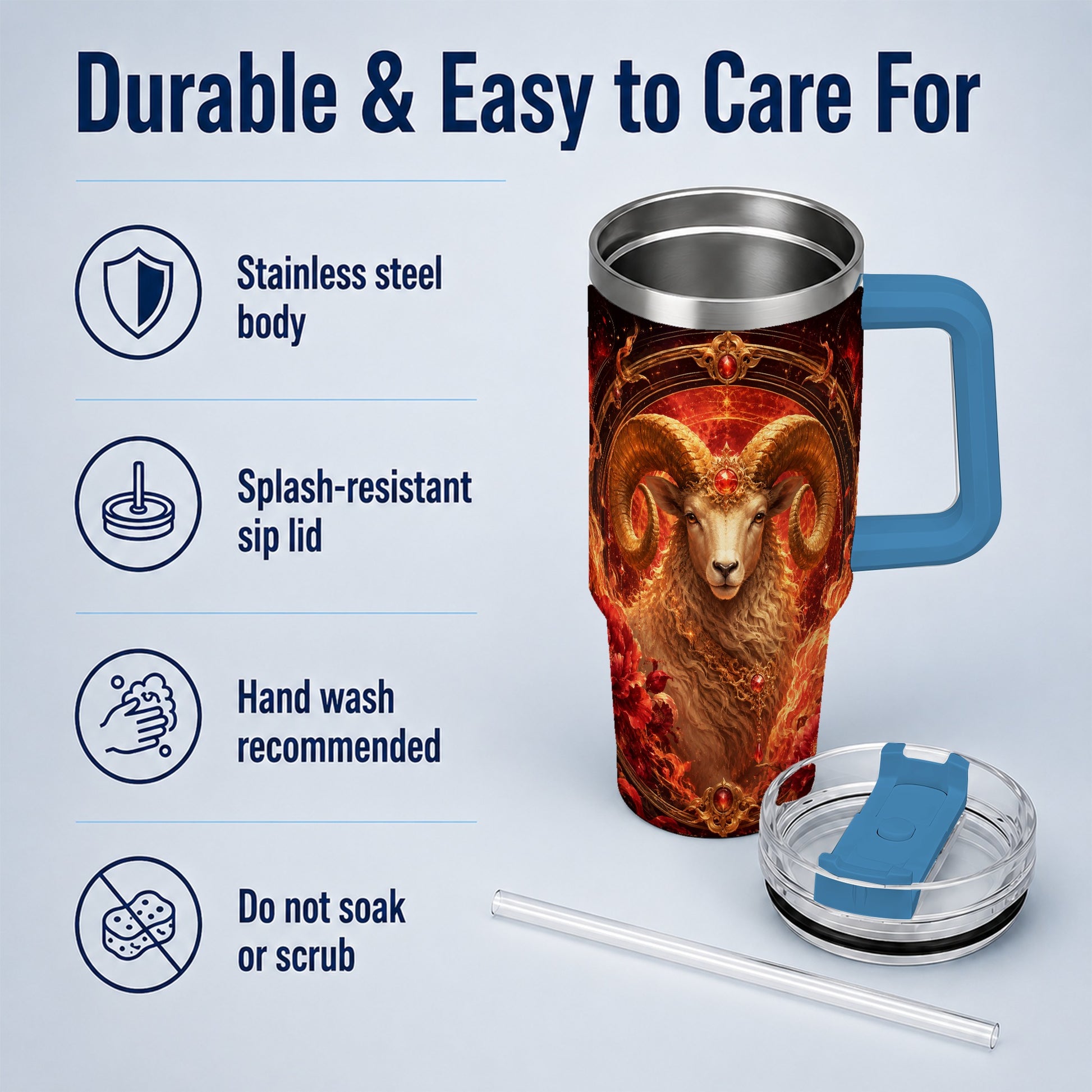 #pl[40oz|Blue] Aries Ram 40oz Tumbler with Handle, Fiery Zodiac Celestial Art