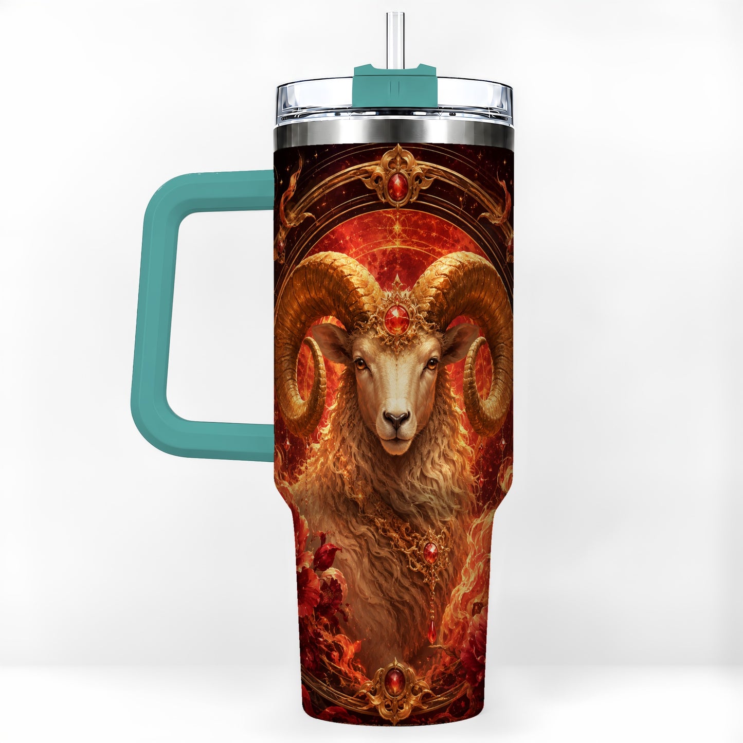 #pl[40oz|Green] Aries Ram 40oz Tumbler with Handle, Fiery Zodiac Celestial Art