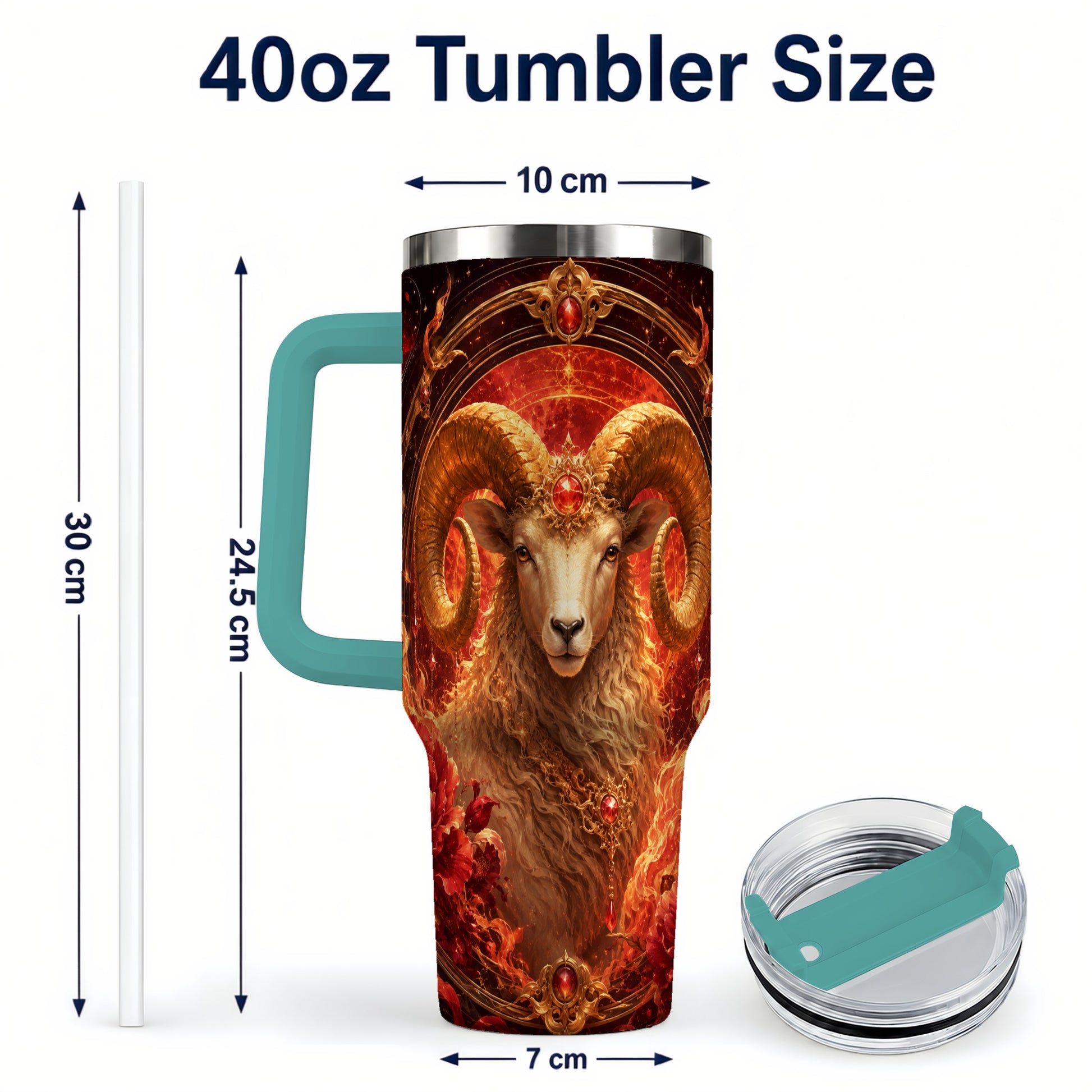 #pl[40oz|Green] Aries Ram 40oz Tumbler with Handle, Fiery Zodiac Celestial Art