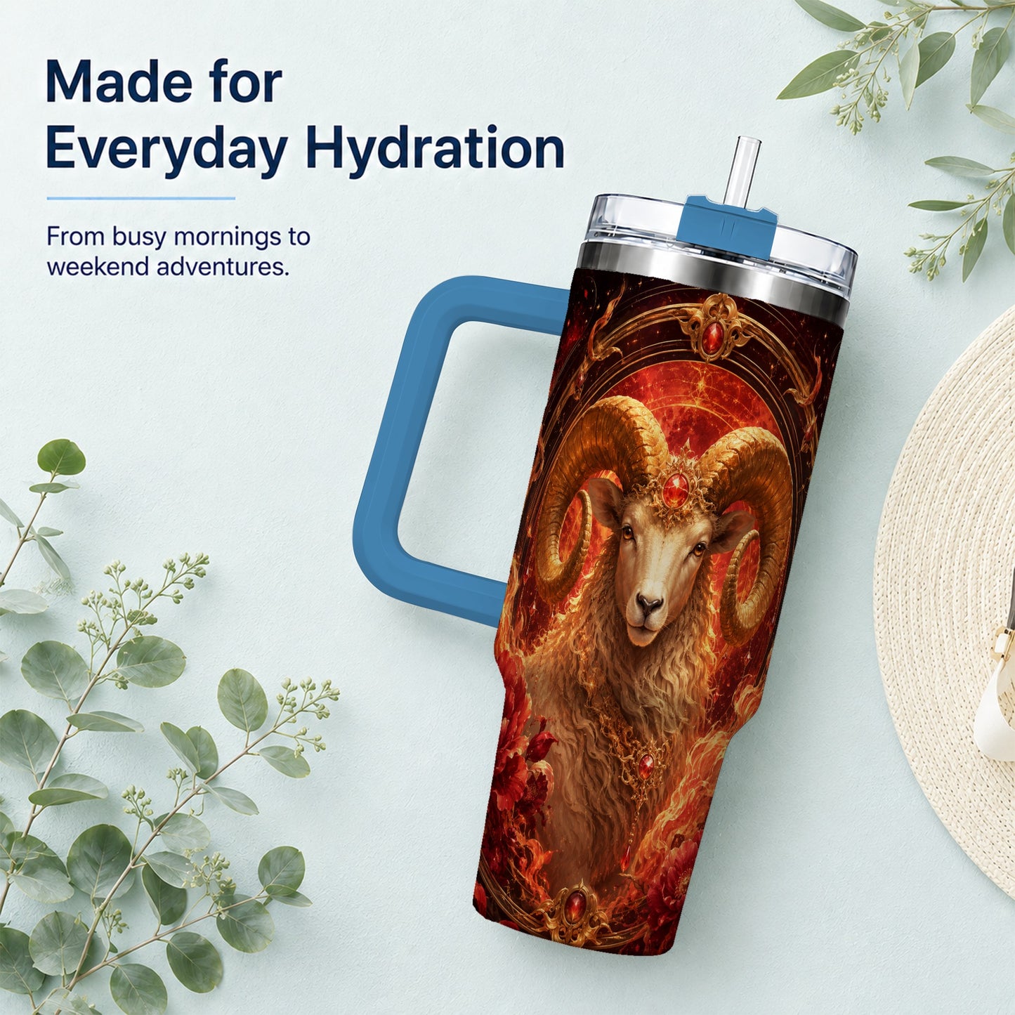 #pl[40oz|Blue] Aries Ram 40oz Tumbler with Handle, Fiery Zodiac Celestial Art