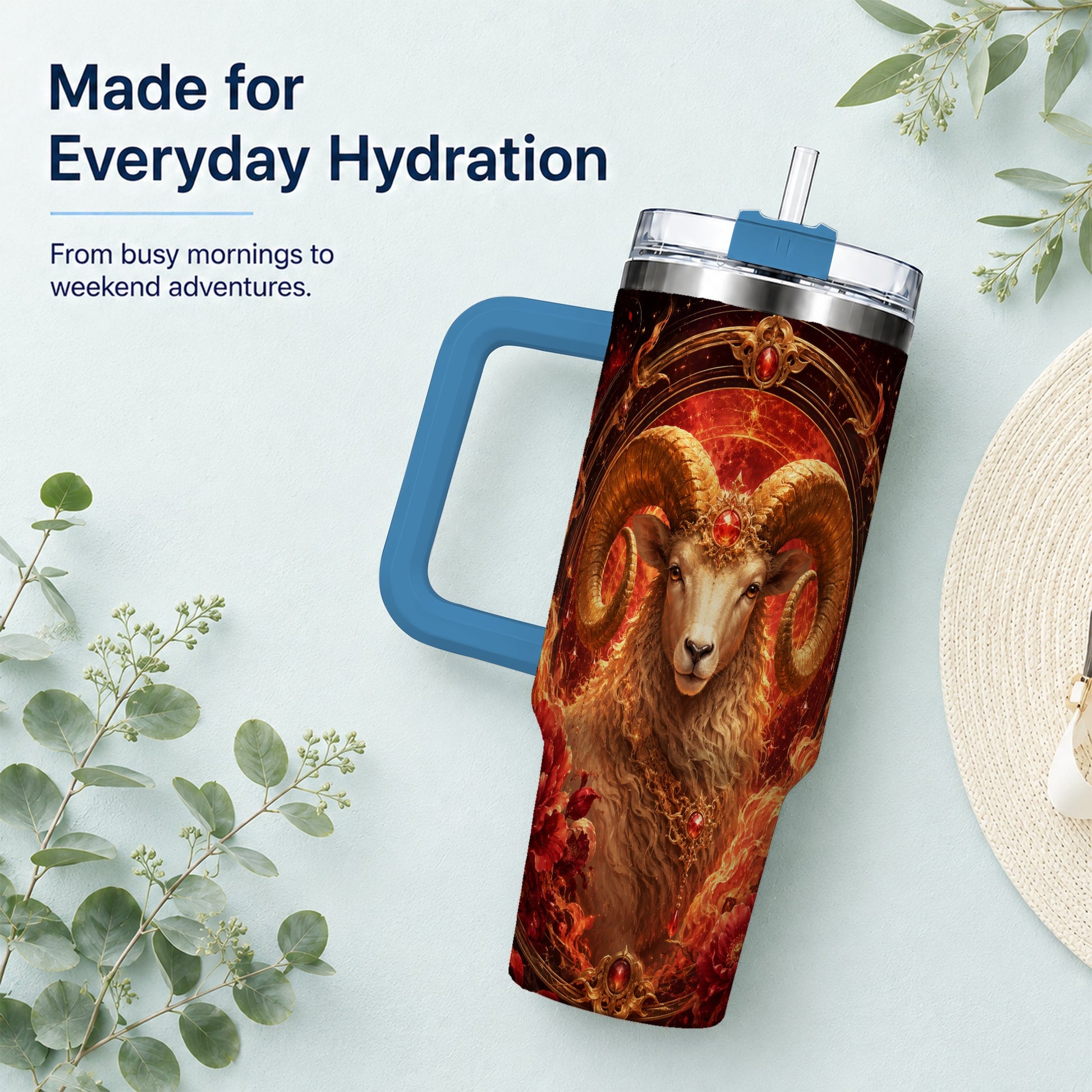 #pl[40oz|Blue] Aries Ram 40oz Tumbler with Handle, Fiery Zodiac Celestial Art