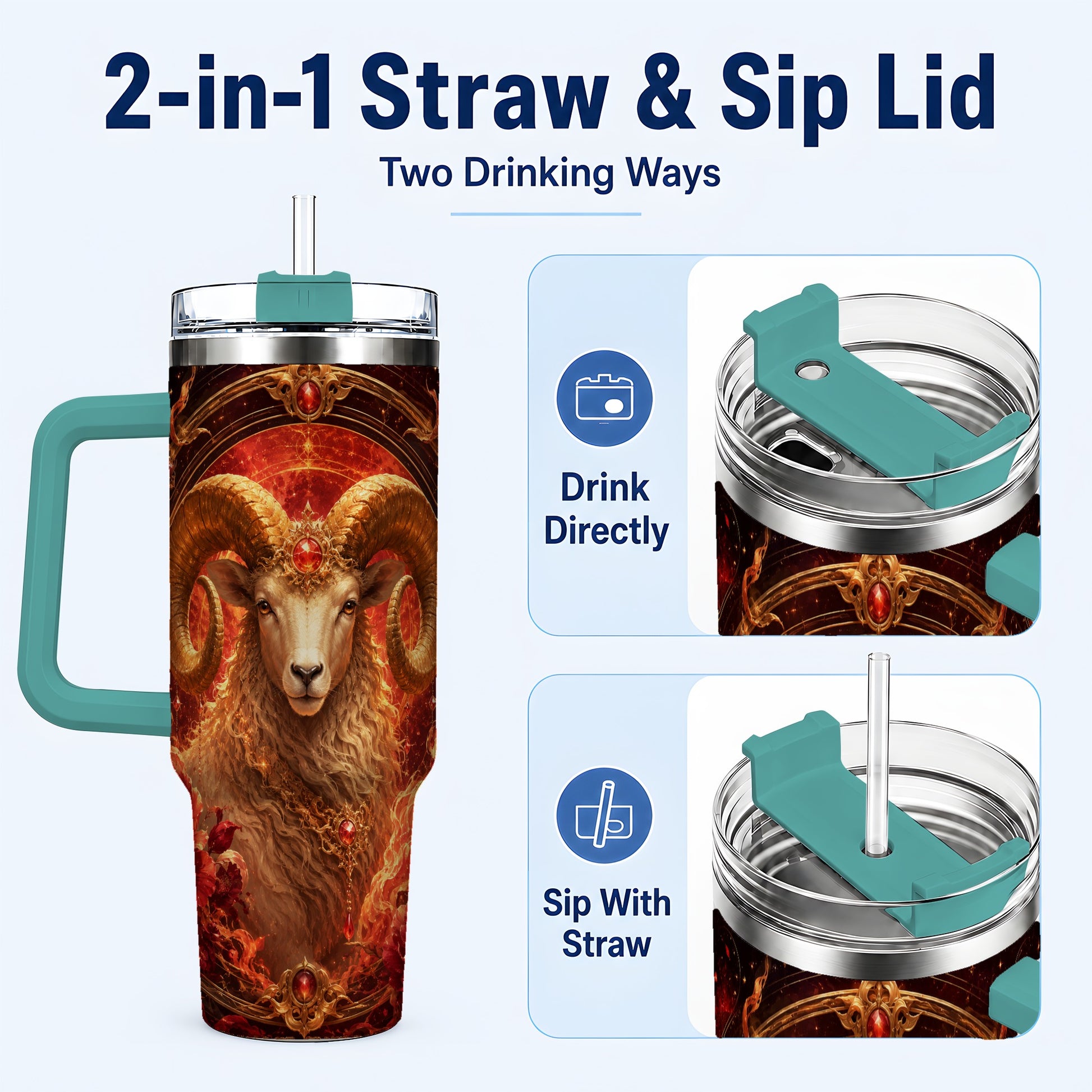 #pl[40oz|Green] Aries Ram 40oz Tumbler with Handle, Fiery Zodiac Celestial Art