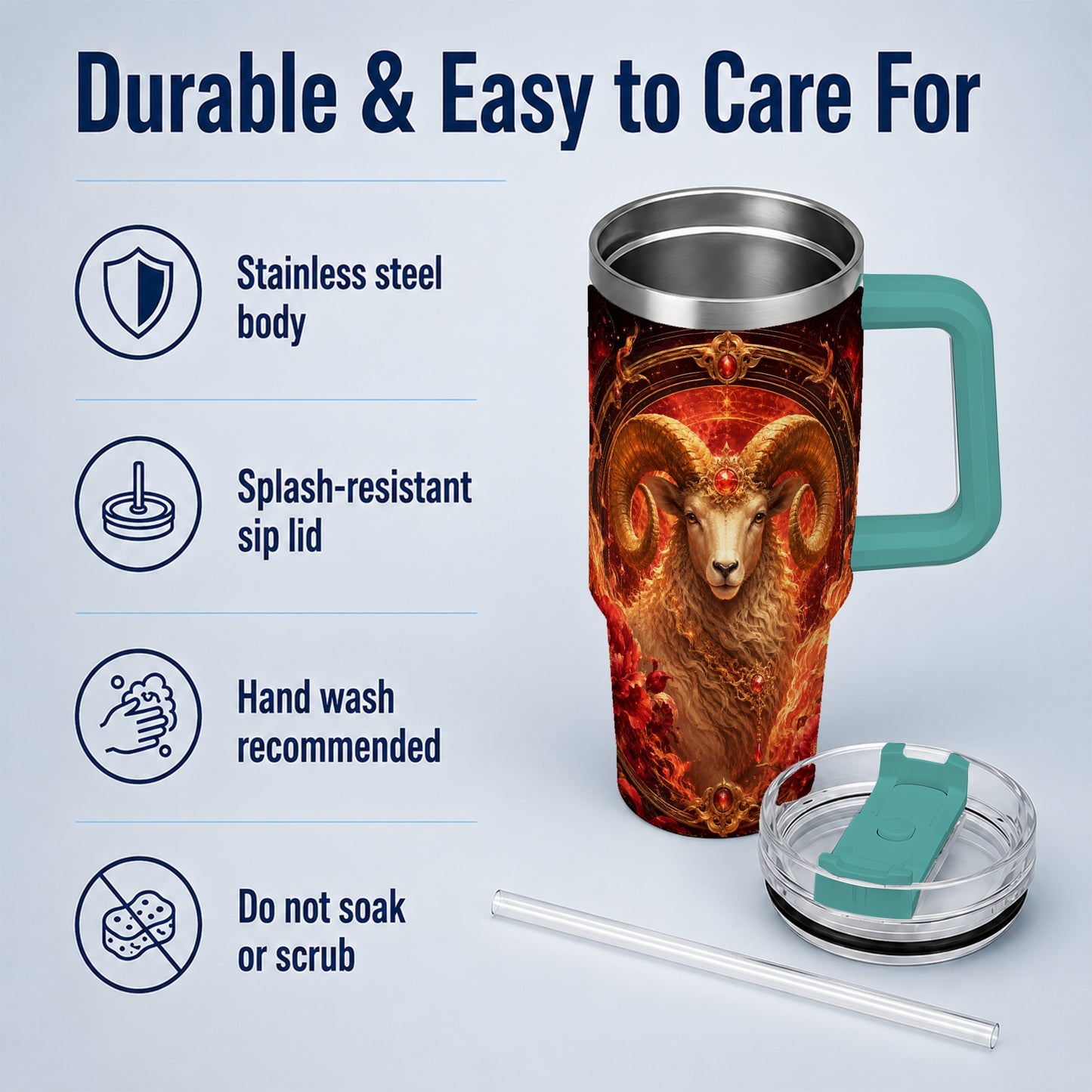 #pl[40oz|Green] Aries Ram 40oz Tumbler with Handle, Fiery Zodiac Celestial Art