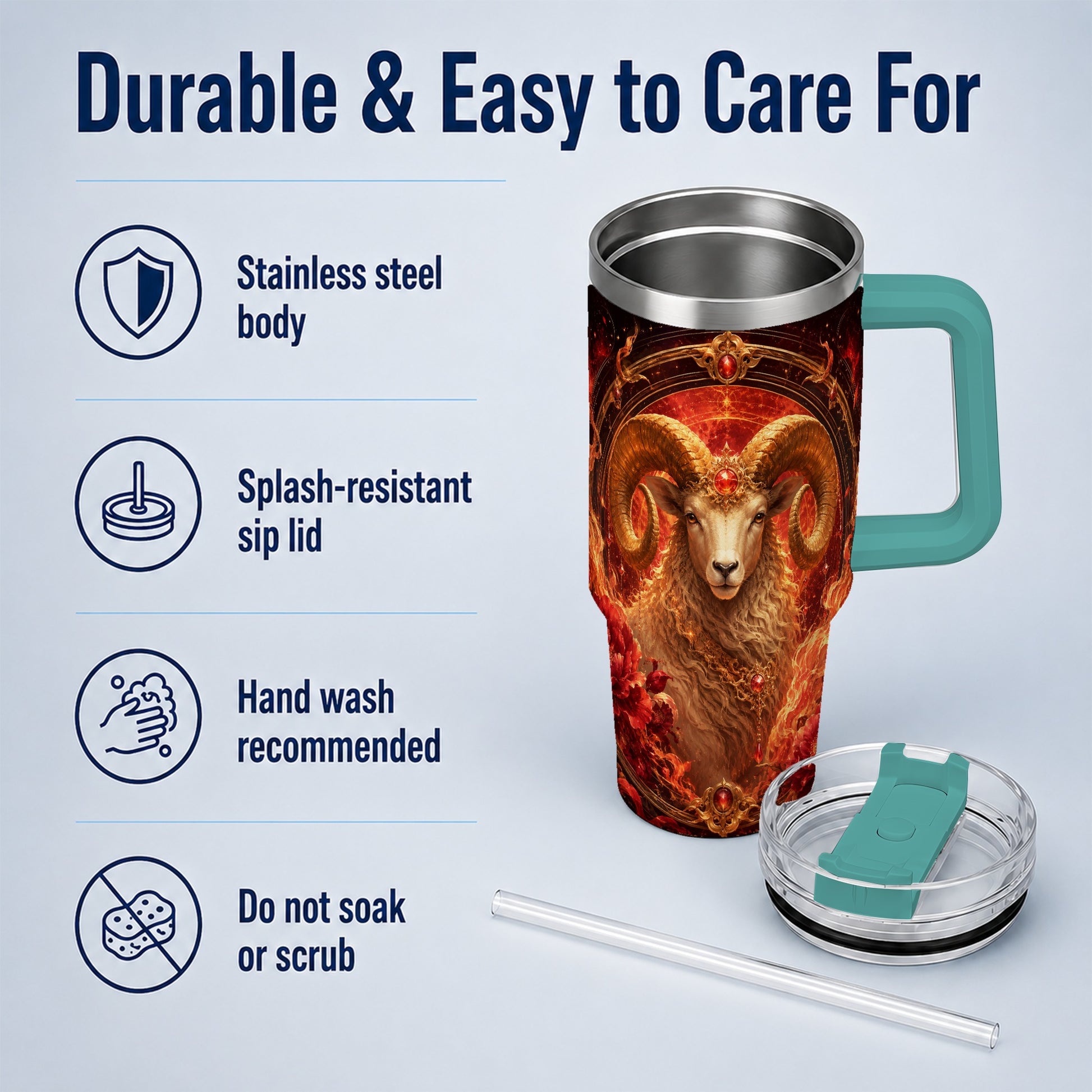 #pl[40oz|Green] Aries Ram 40oz Tumbler with Handle, Fiery Zodiac Celestial Art
