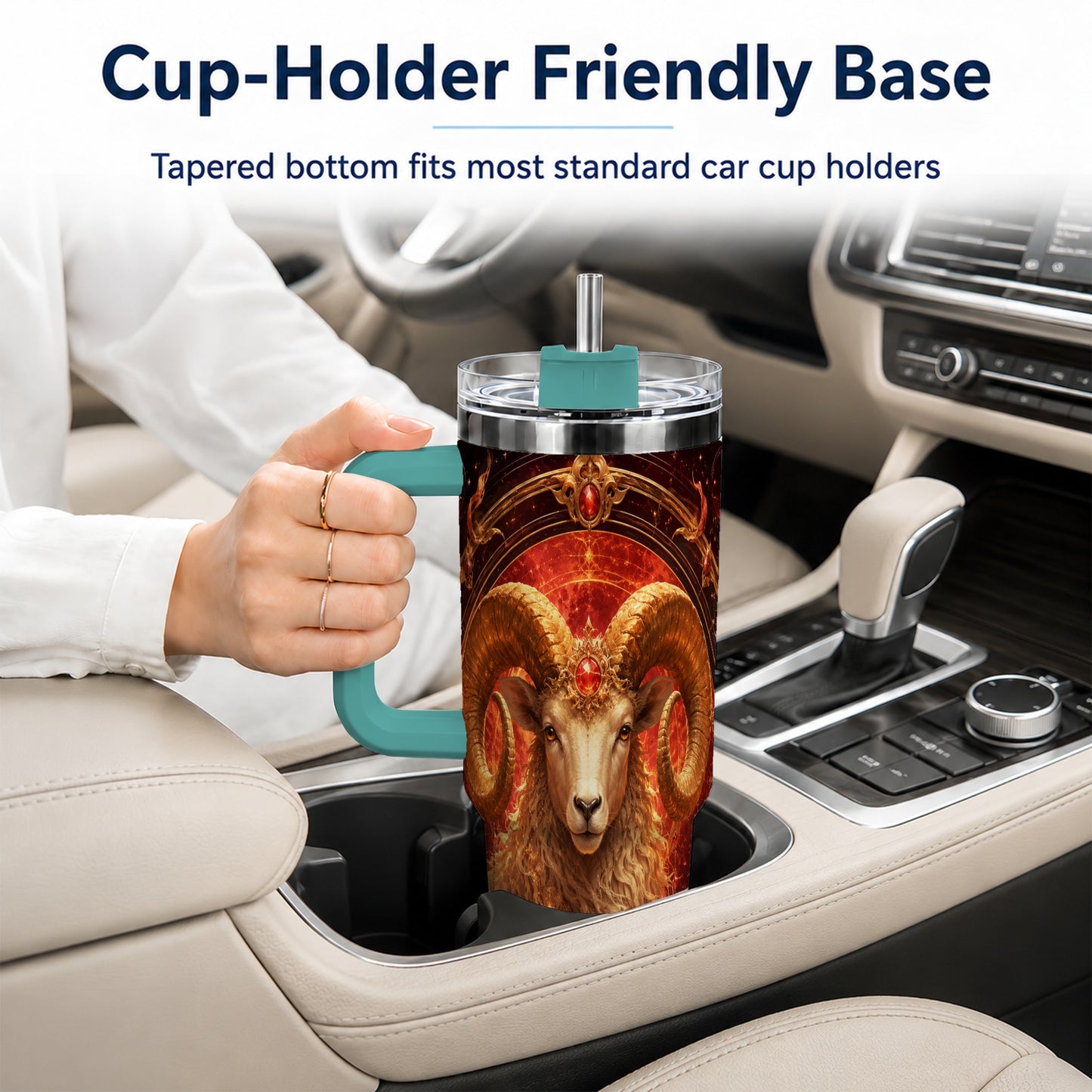 #pl[40oz|Green] Aries Ram 40oz Tumbler with Handle, Fiery Zodiac Celestial Art
