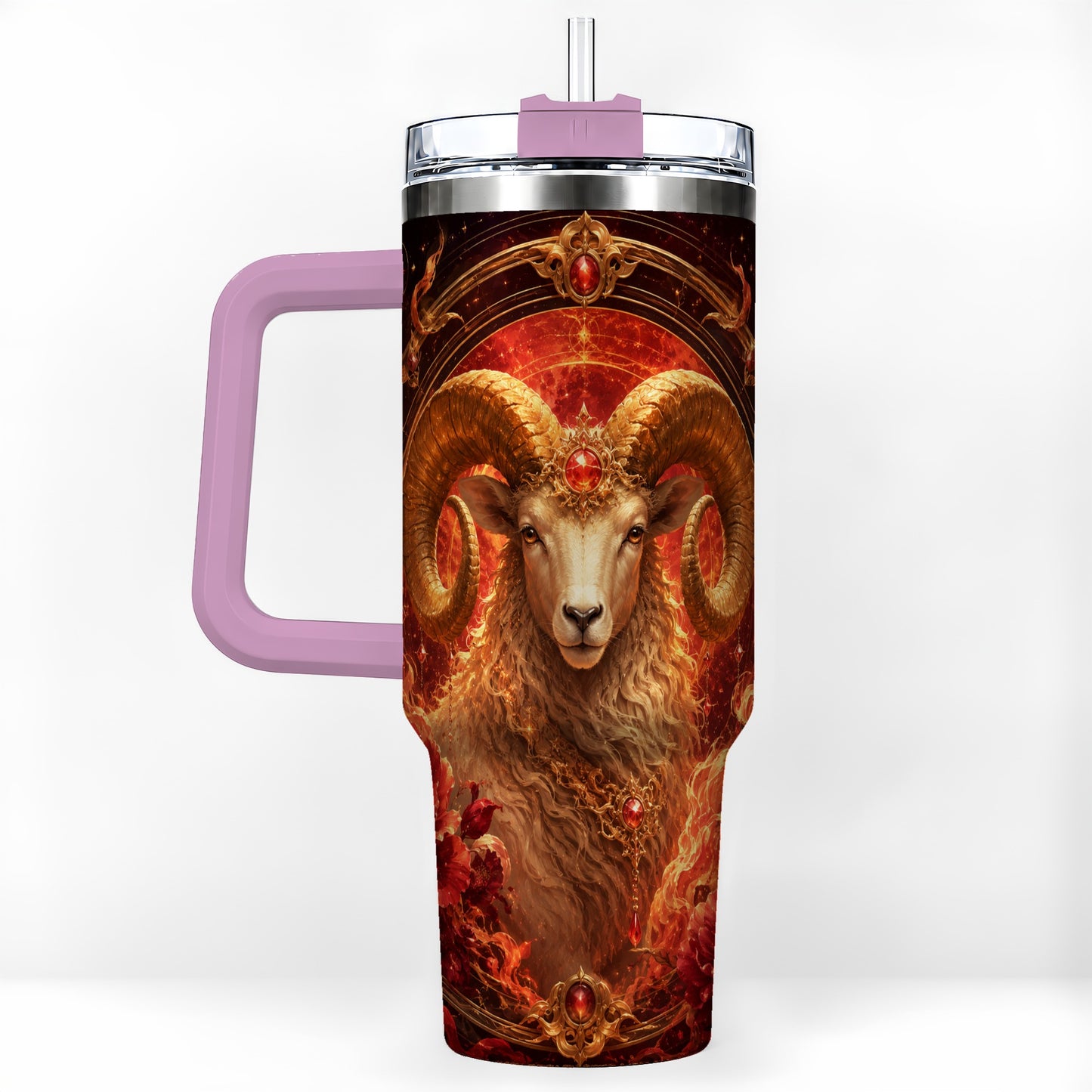 #pl[40oz|Pink] Aries Ram 40oz Tumbler with Handle, Fiery Zodiac Celestial Art