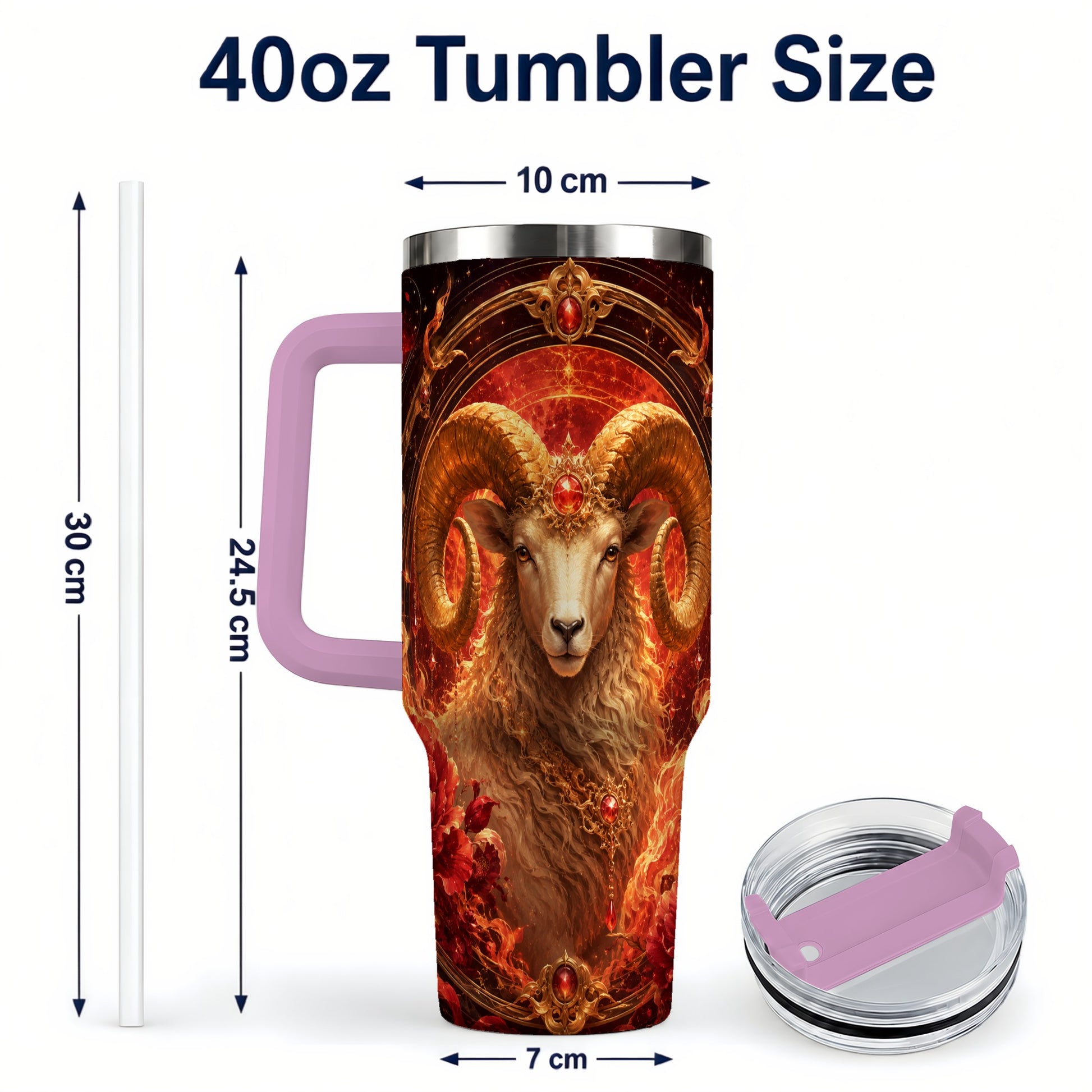 #pl[40oz|Pink] Aries Ram 40oz Tumbler with Handle, Fiery Zodiac Celestial Art