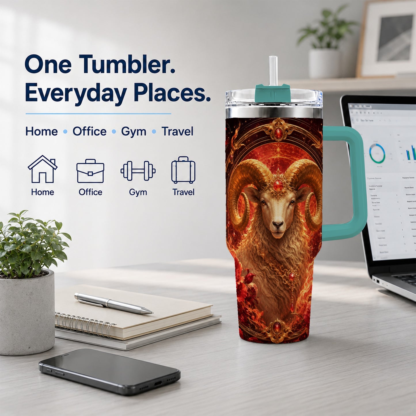 #pl[40oz|Green] Aries Ram 40oz Tumbler with Handle, Fiery Zodiac Celestial Art