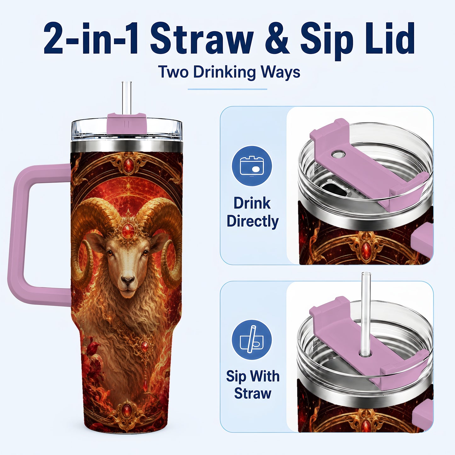 #pl[40oz|Pink] Aries Ram 40oz Tumbler with Handle, Fiery Zodiac Celestial Art