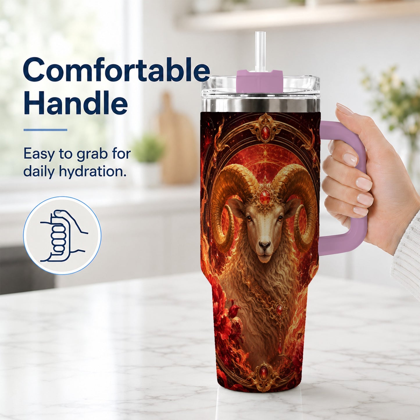 #pl[40oz|Pink] Aries Ram 40oz Tumbler with Handle, Fiery Zodiac Celestial Art