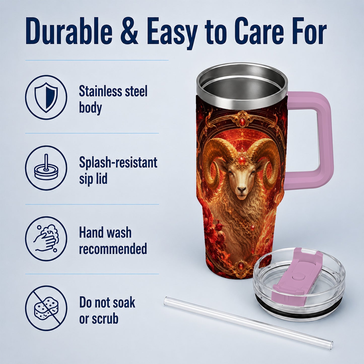 #pl[40oz|Pink] Aries Ram 40oz Tumbler with Handle, Fiery Zodiac Celestial Art