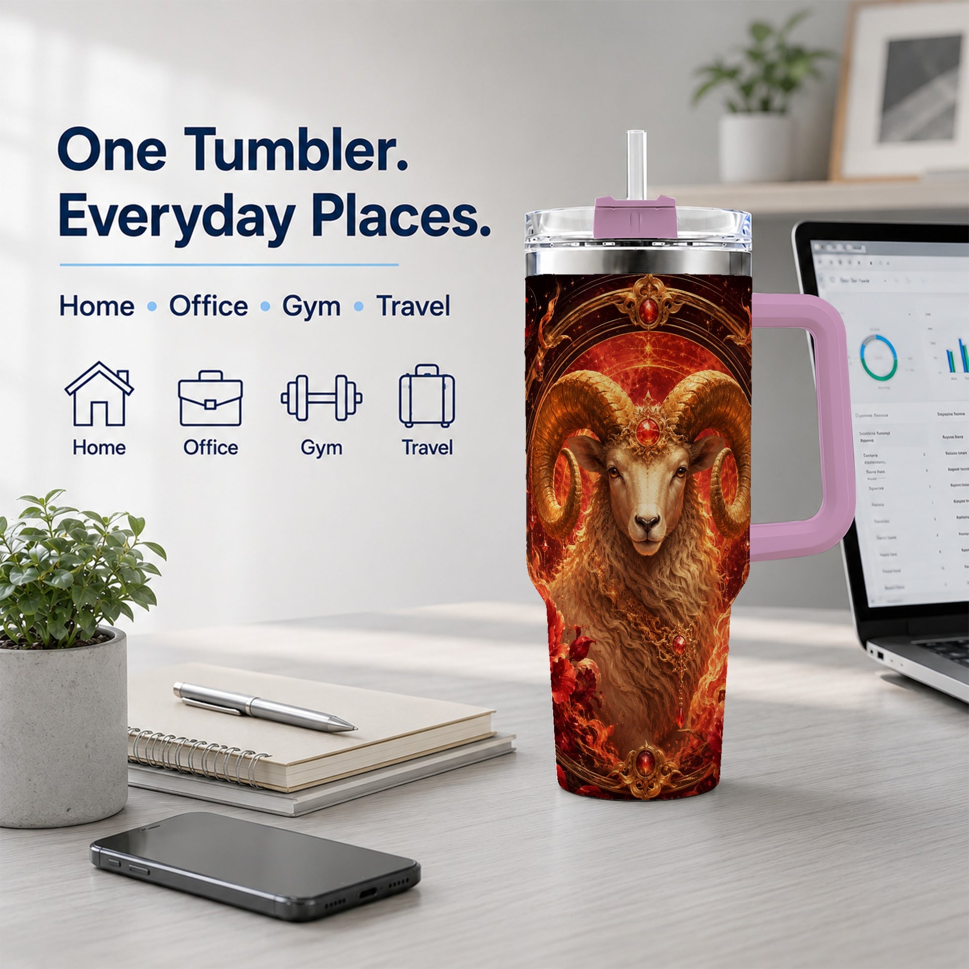 #pl[40oz|Pink] Aries Ram 40oz Tumbler with Handle, Fiery Zodiac Celestial Art