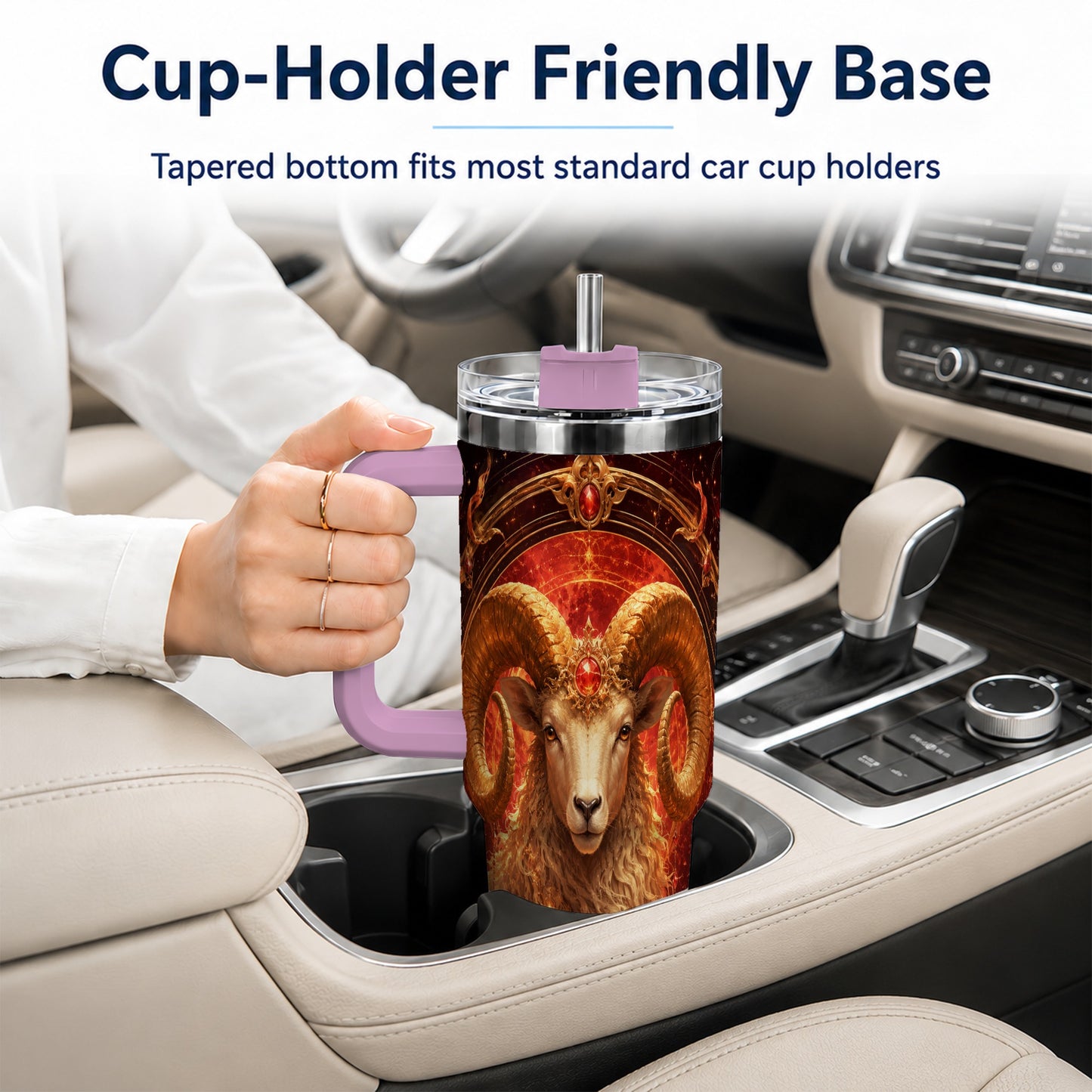 #pl[40oz|Pink] Aries Ram 40oz Tumbler with Handle, Fiery Zodiac Celestial Art