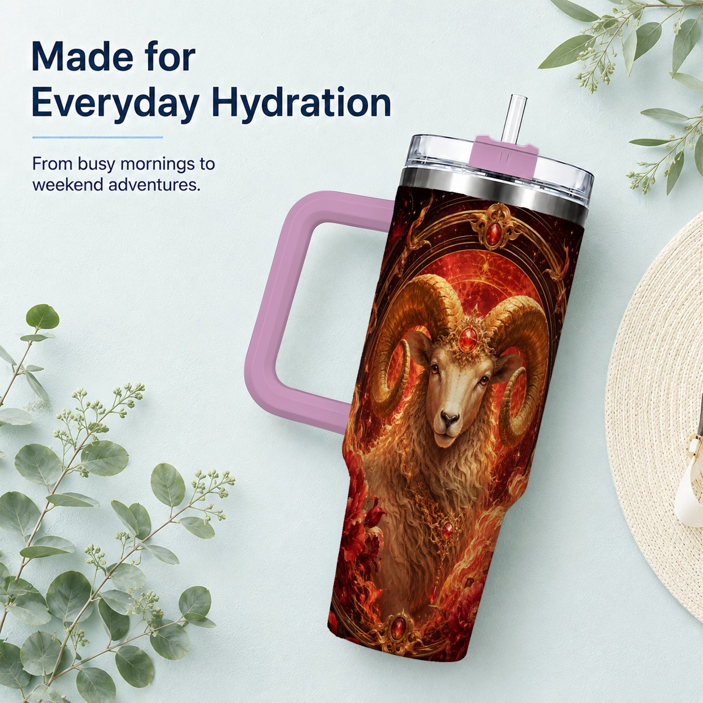 #pl[40oz|Pink] Aries Ram 40oz Tumbler with Handle, Fiery Zodiac Celestial Art