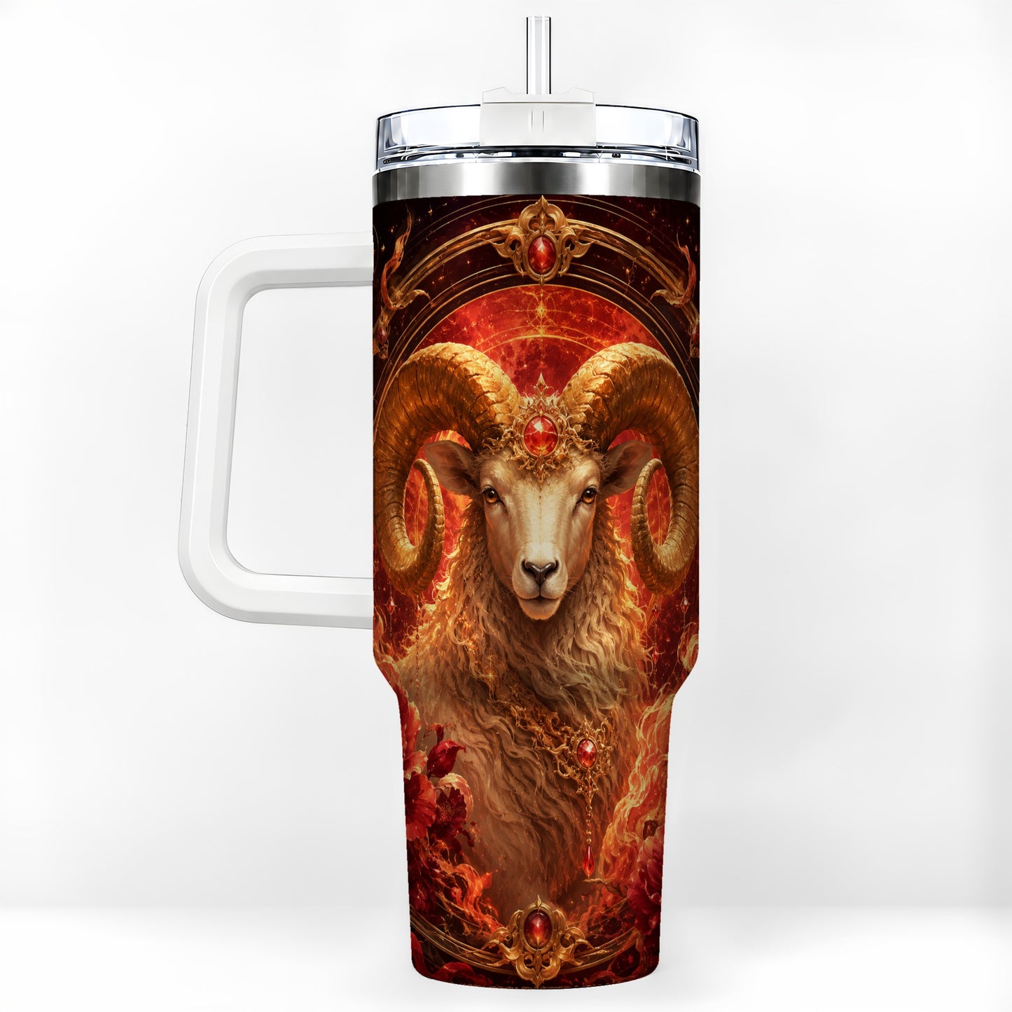 Aries Ram 40oz Tumbler with Handle, Fiery Zodiac Celestial Art