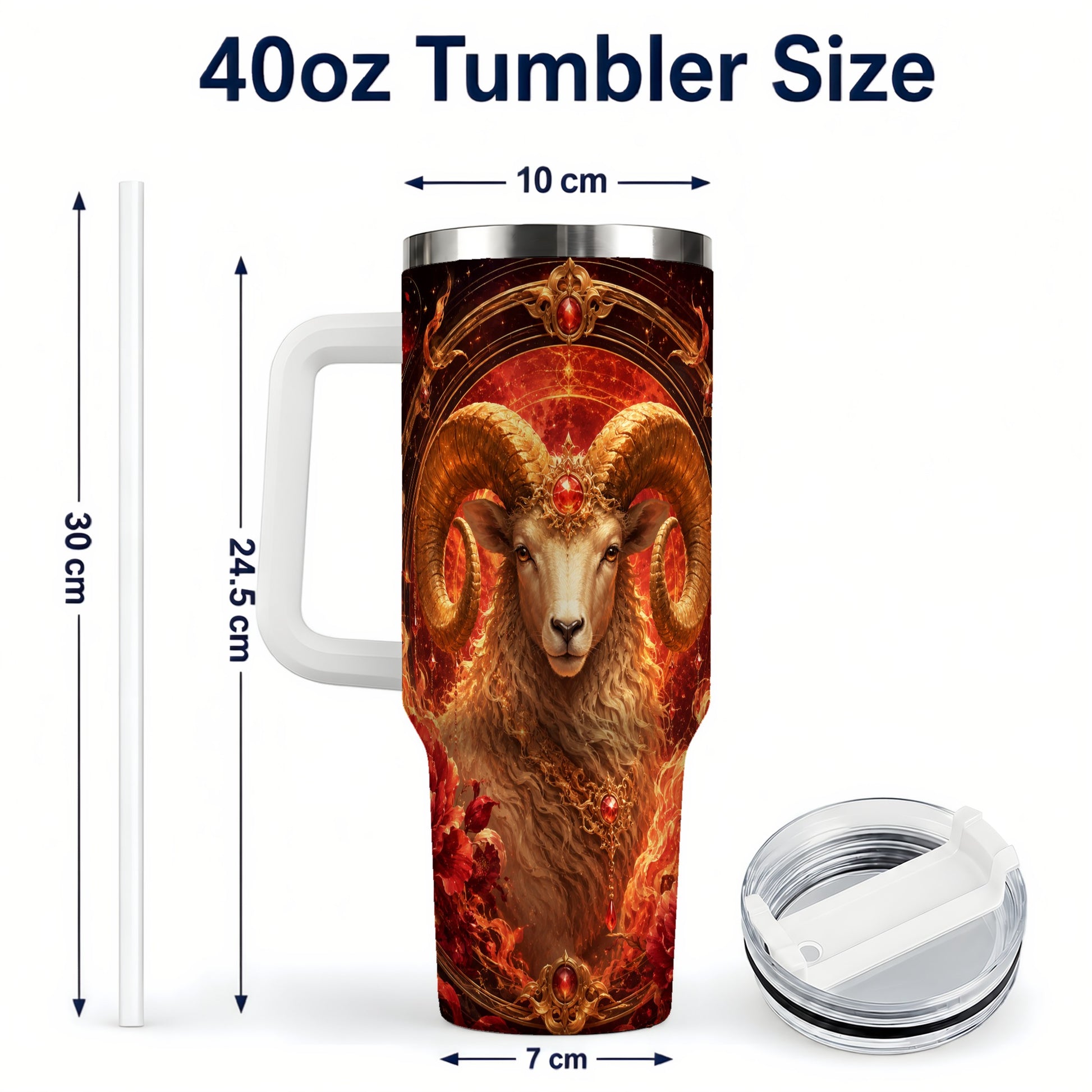 #pl[40oz|White] Aries Ram 40oz Tumbler with Handle, Fiery Zodiac Celestial Art