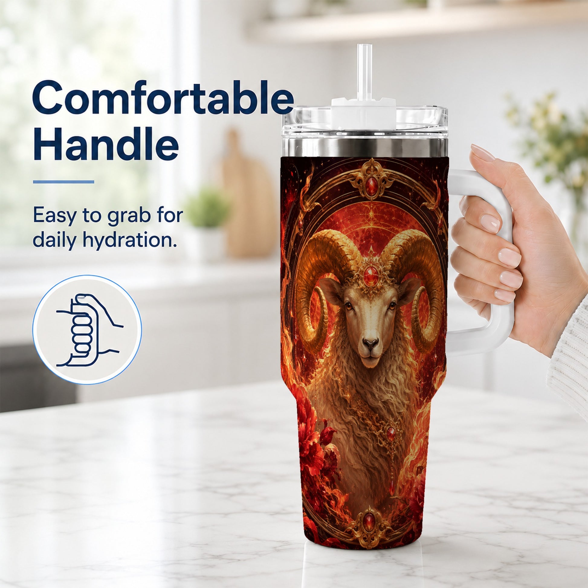 #pl[40oz|White] Aries Ram 40oz Tumbler with Handle, Fiery Zodiac Celestial Art