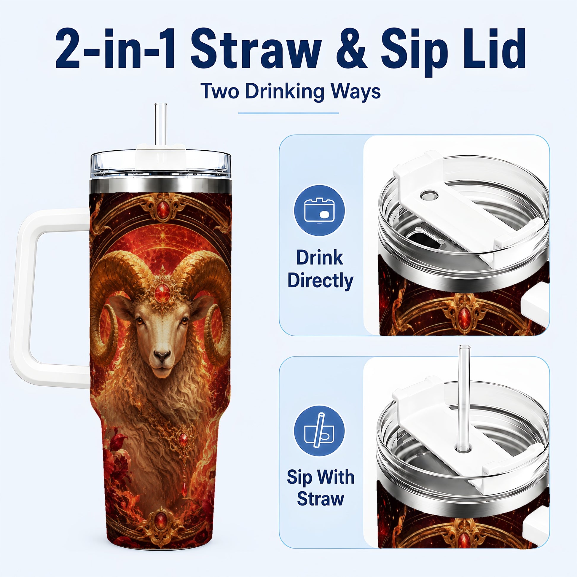 #pl[40oz|White] Aries Ram 40oz Tumbler with Handle, Fiery Zodiac Celestial Art