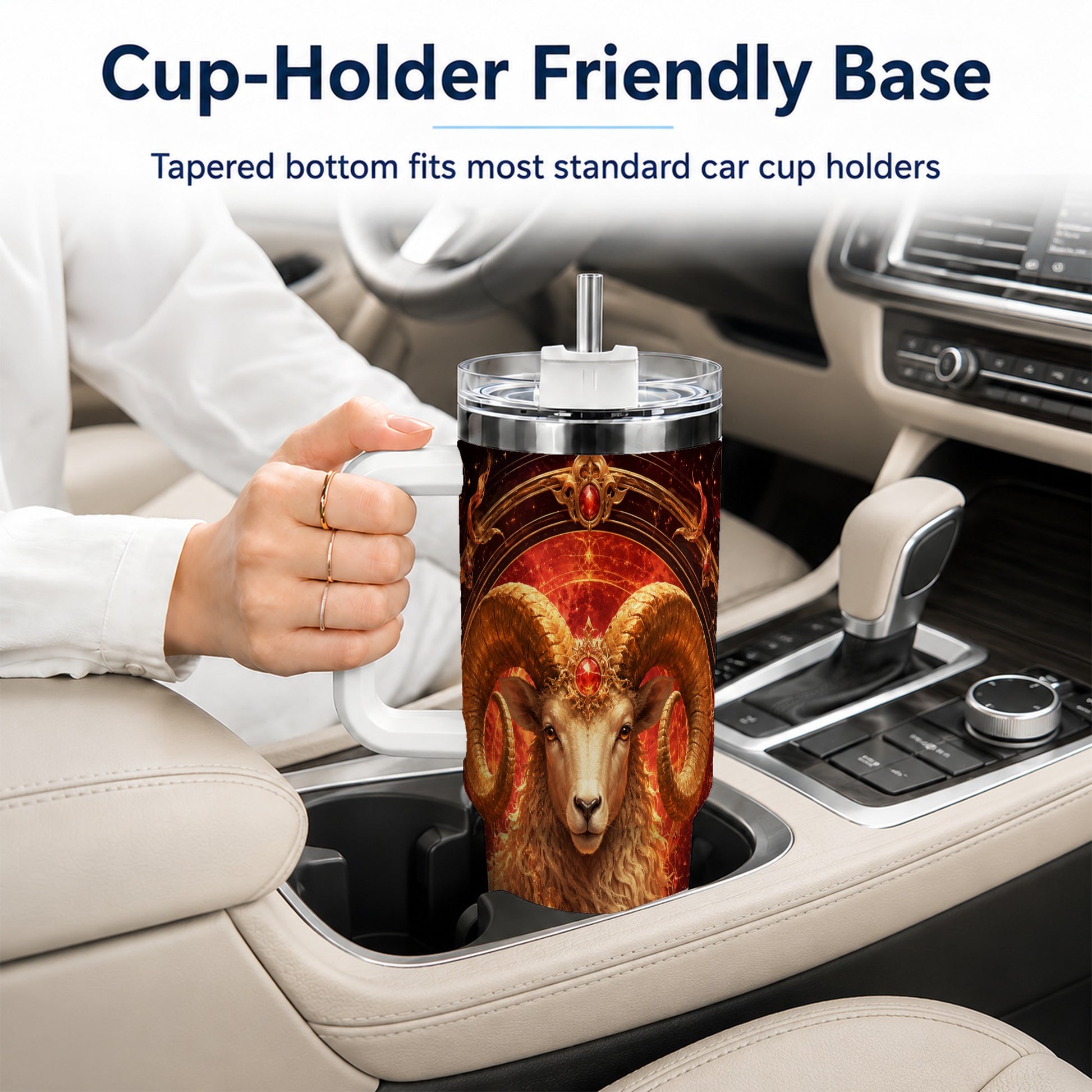 #pl[40oz|White] Aries Ram 40oz Tumbler with Handle, Fiery Zodiac Celestial Art