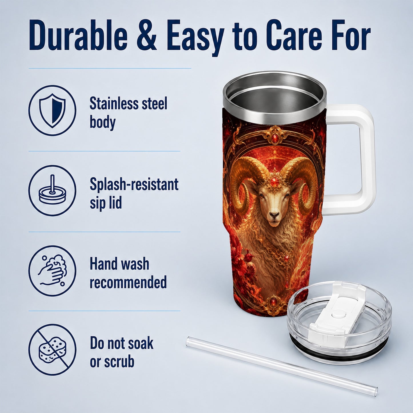 #pl[40oz|White] Aries Ram 40oz Tumbler with Handle, Fiery Zodiac Celestial Art