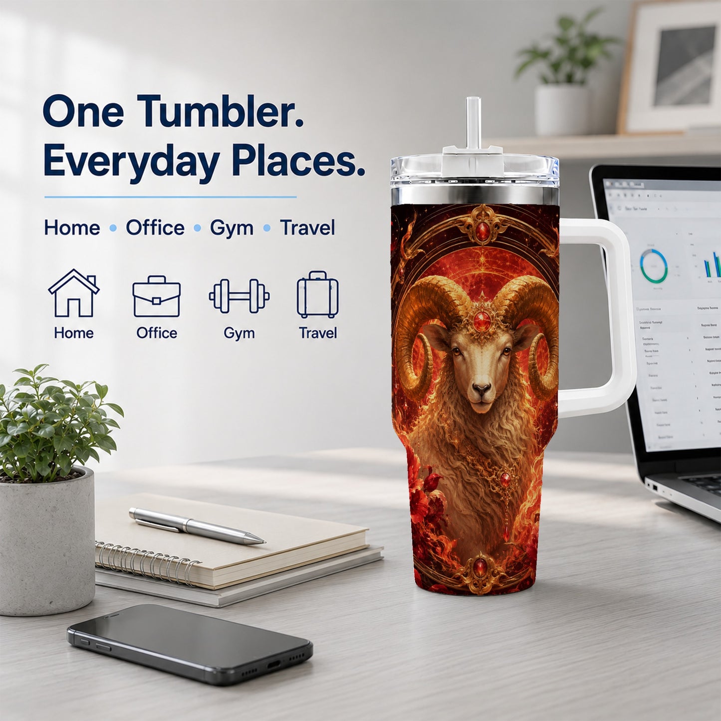 #pl[40oz|White] Aries Ram 40oz Tumbler with Handle, Fiery Zodiac Celestial Art