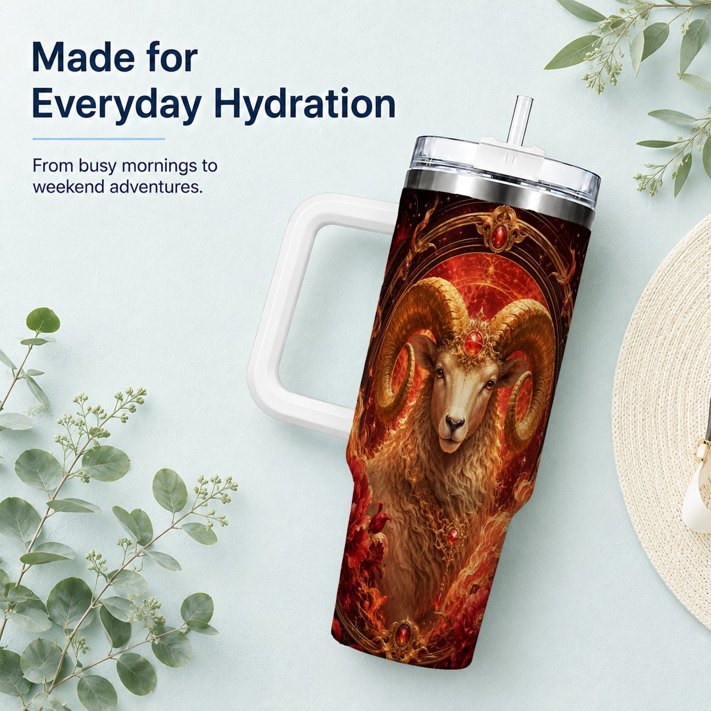 #pl[40oz|White] Aries Ram 40oz Tumbler with Handle, Fiery Zodiac Celestial Art