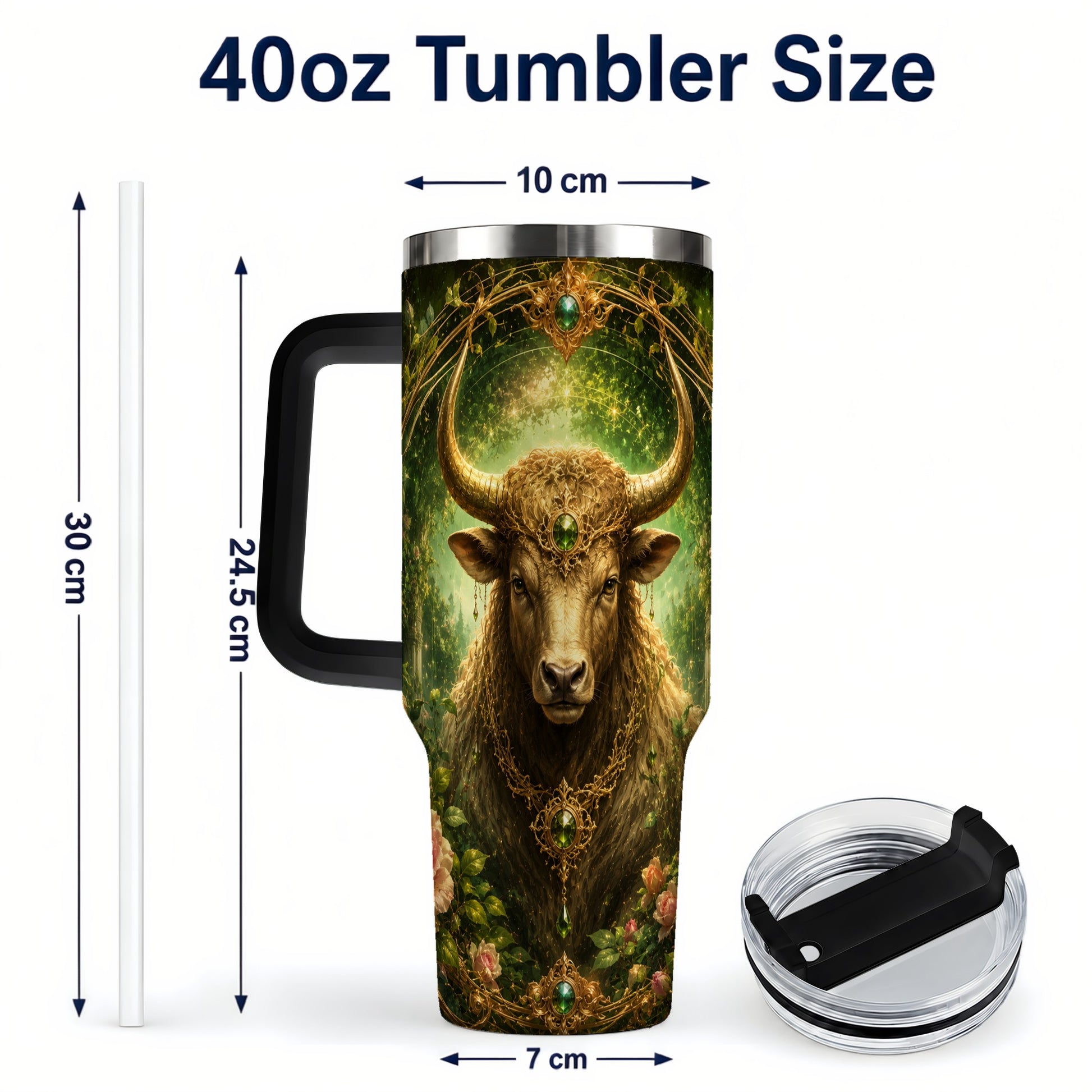 #pl[40oz|Black] Taurus Bull 40oz Tumbler with Handle, Earth Zodiac Celestial Art