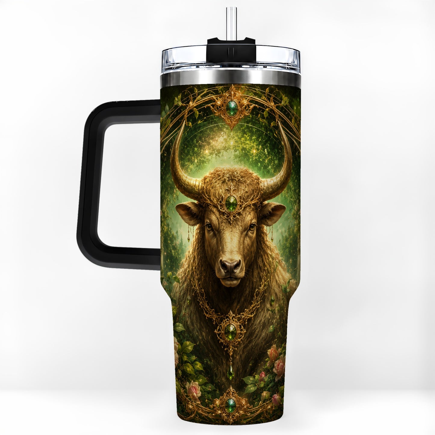 #pl[40oz|Black] Taurus Bull 40oz Tumbler with Handle, Earth Zodiac Celestial Art