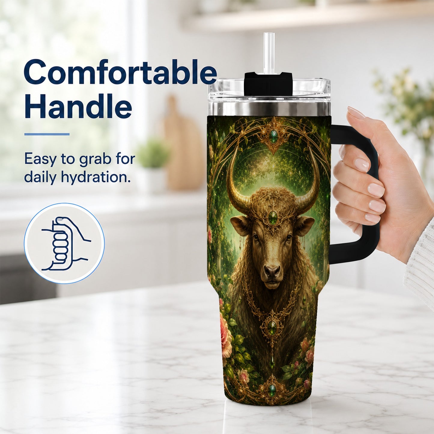 #pl[40oz|Black] Taurus Bull 40oz Tumbler with Handle, Earth Zodiac Celestial Art