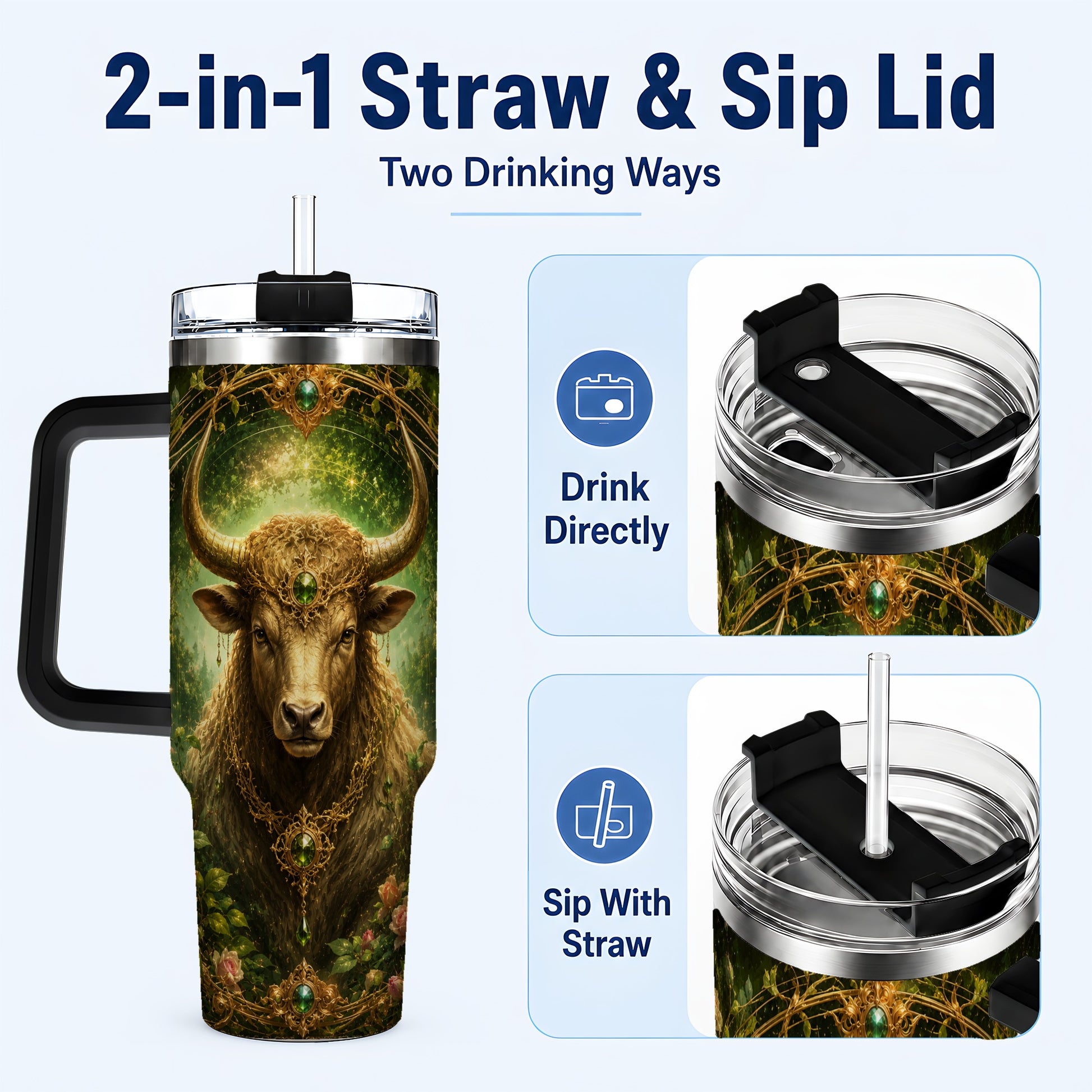 #pl[40oz|Black] Taurus Bull 40oz Tumbler with Handle, Earth Zodiac Celestial Art