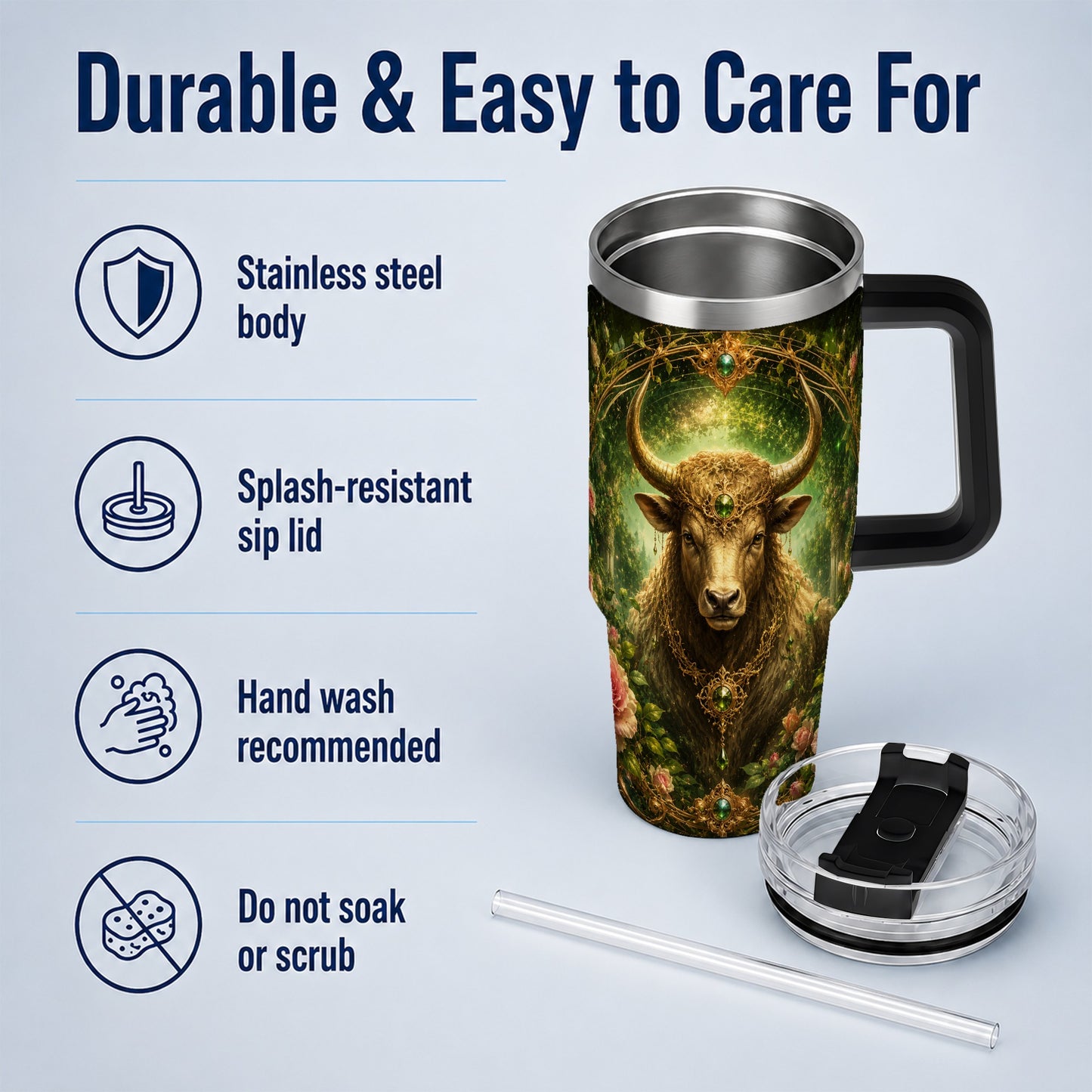 #pl[40oz|Black] Taurus Bull 40oz Tumbler with Handle, Earth Zodiac Celestial Art