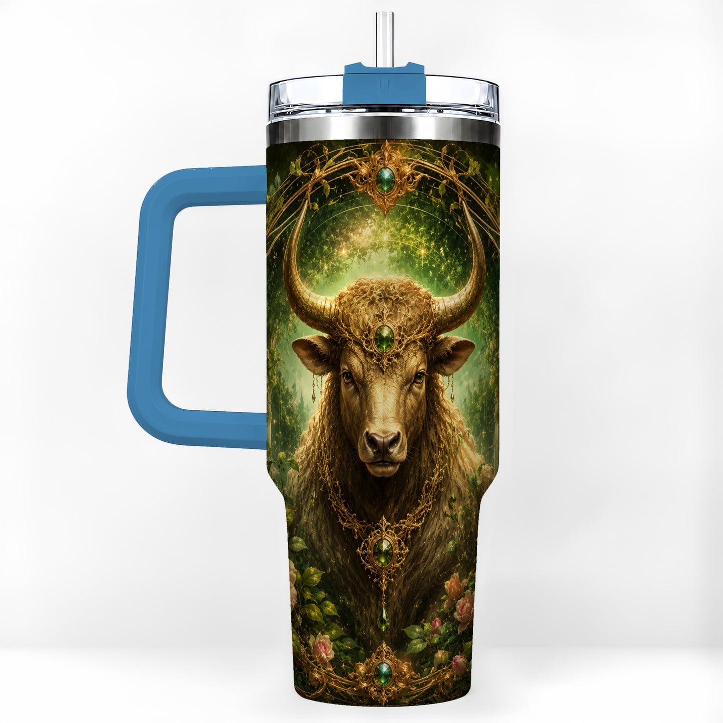 #pl[40oz|Blue] Taurus Bull 40oz Tumbler with Handle, Earth Zodiac Celestial Art