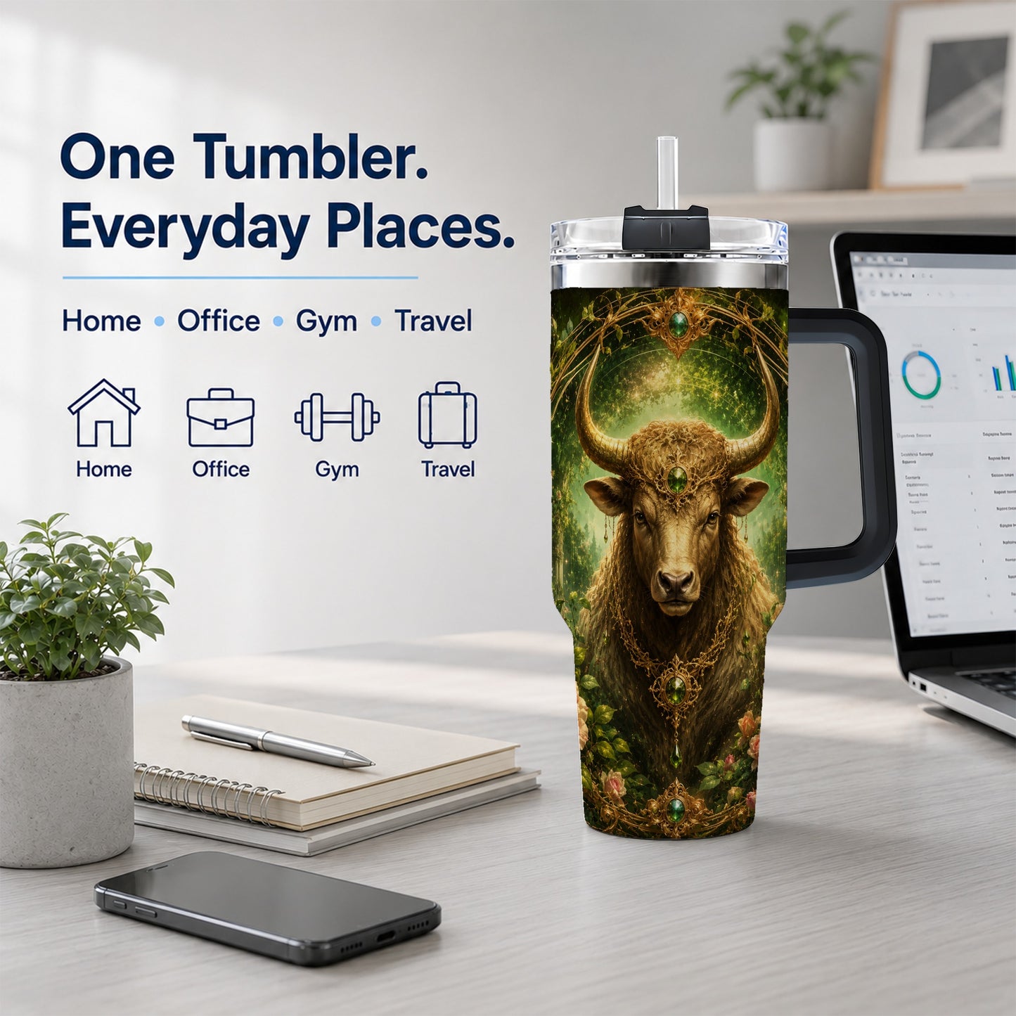 #pl[40oz|Black] Taurus Bull 40oz Tumbler with Handle, Earth Zodiac Celestial Art