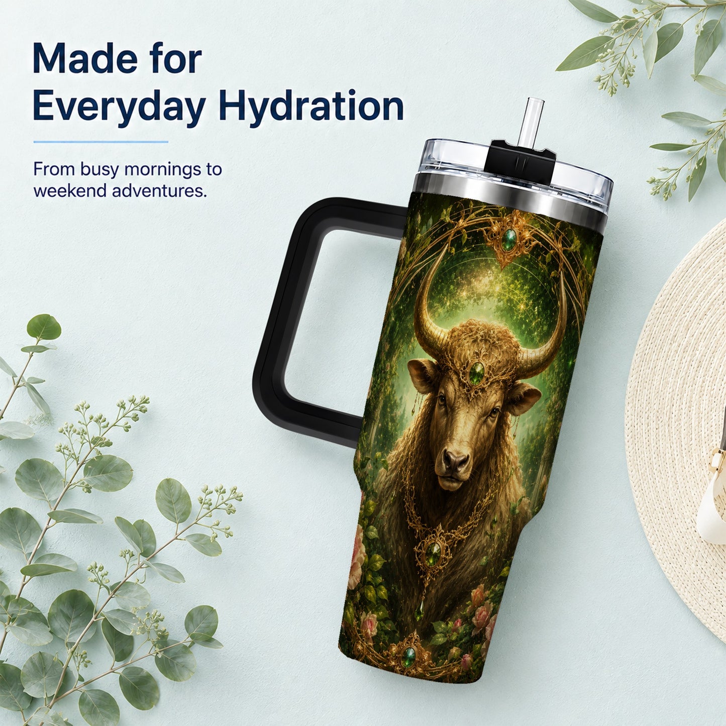#pl[40oz|Black] Taurus Bull 40oz Tumbler with Handle, Earth Zodiac Celestial Art