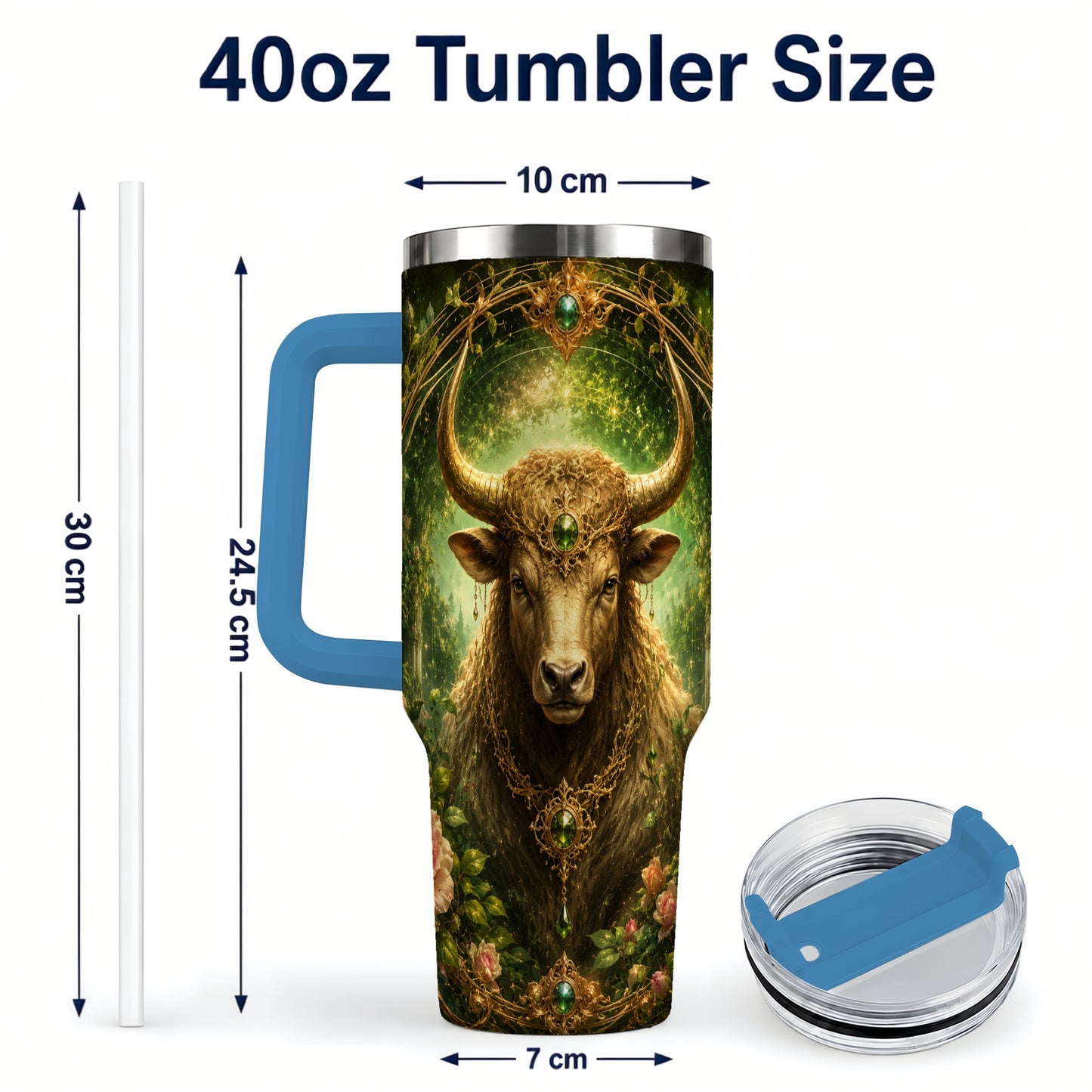 #pl[40oz|Blue] Taurus Bull 40oz Tumbler with Handle, Earth Zodiac Celestial Art