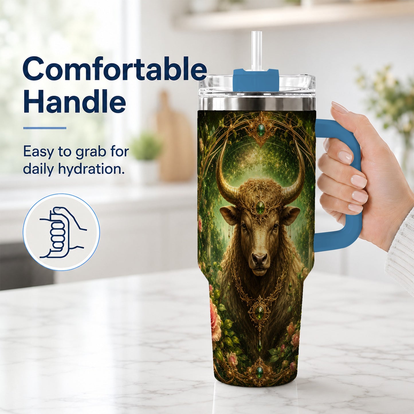 #pl[40oz|Blue] Taurus Bull 40oz Tumbler with Handle, Earth Zodiac Celestial Art