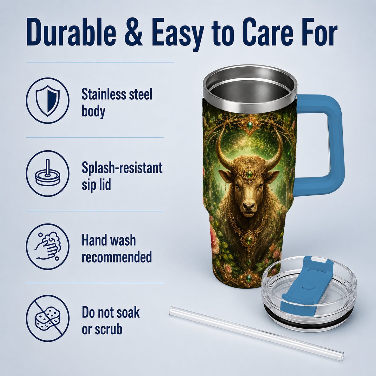 #pl[40oz|Blue] Taurus Bull 40oz Tumbler with Handle, Earth Zodiac Celestial Art