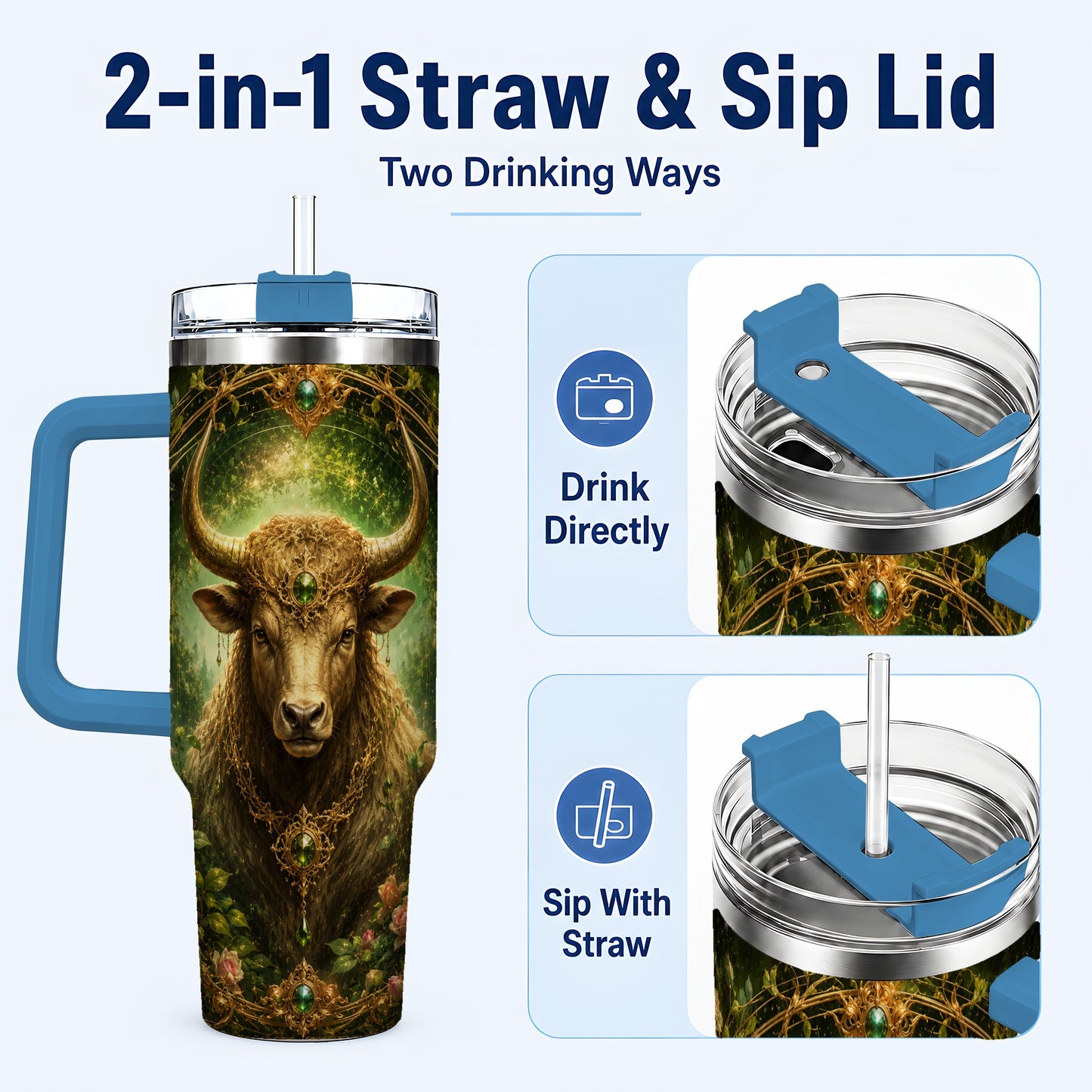 #pl[40oz|Blue] Taurus Bull 40oz Tumbler with Handle, Earth Zodiac Celestial Art