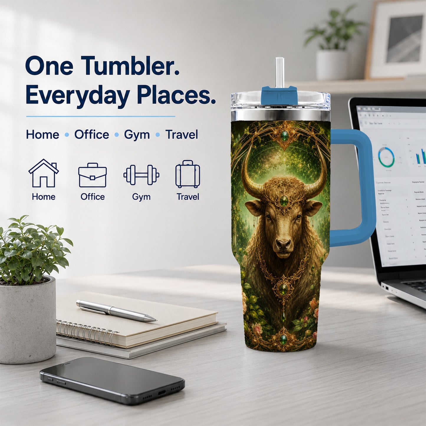 #pl[40oz|Blue] Taurus Bull 40oz Tumbler with Handle, Earth Zodiac Celestial Art