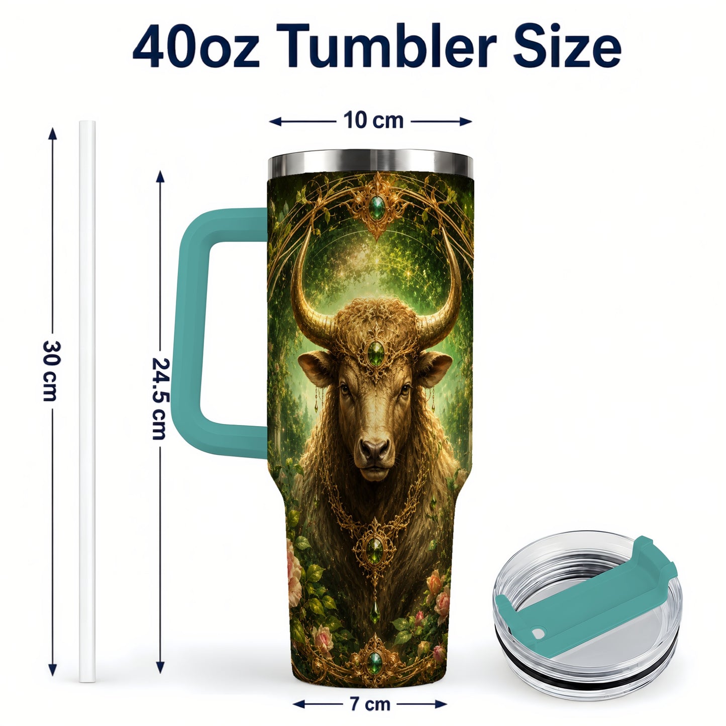 #pl[40oz|Green] Taurus Bull 40oz Tumbler with Handle, Earth Zodiac Celestial Art
