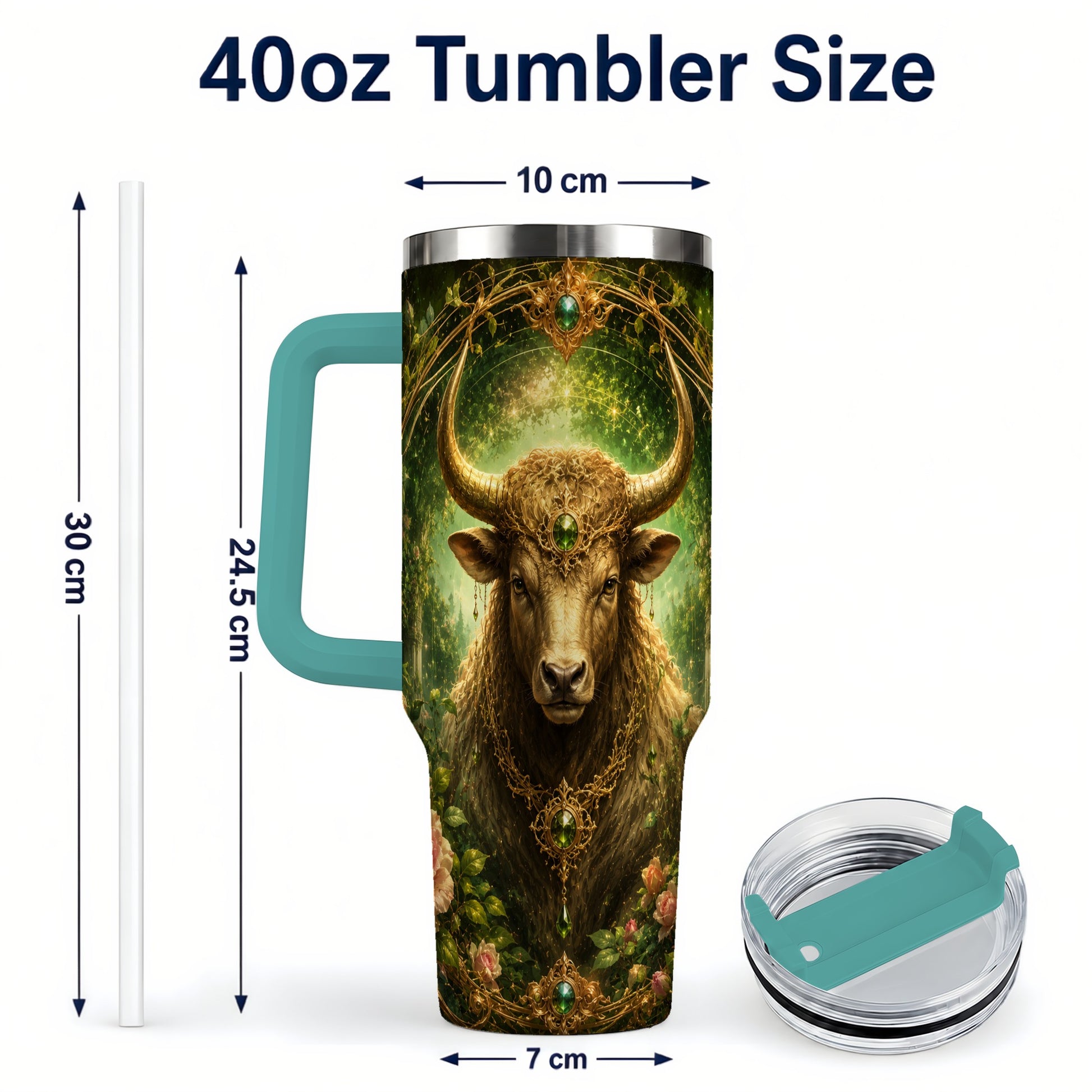 #pl[40oz|Green] Taurus Bull 40oz Tumbler with Handle, Earth Zodiac Celestial Art
