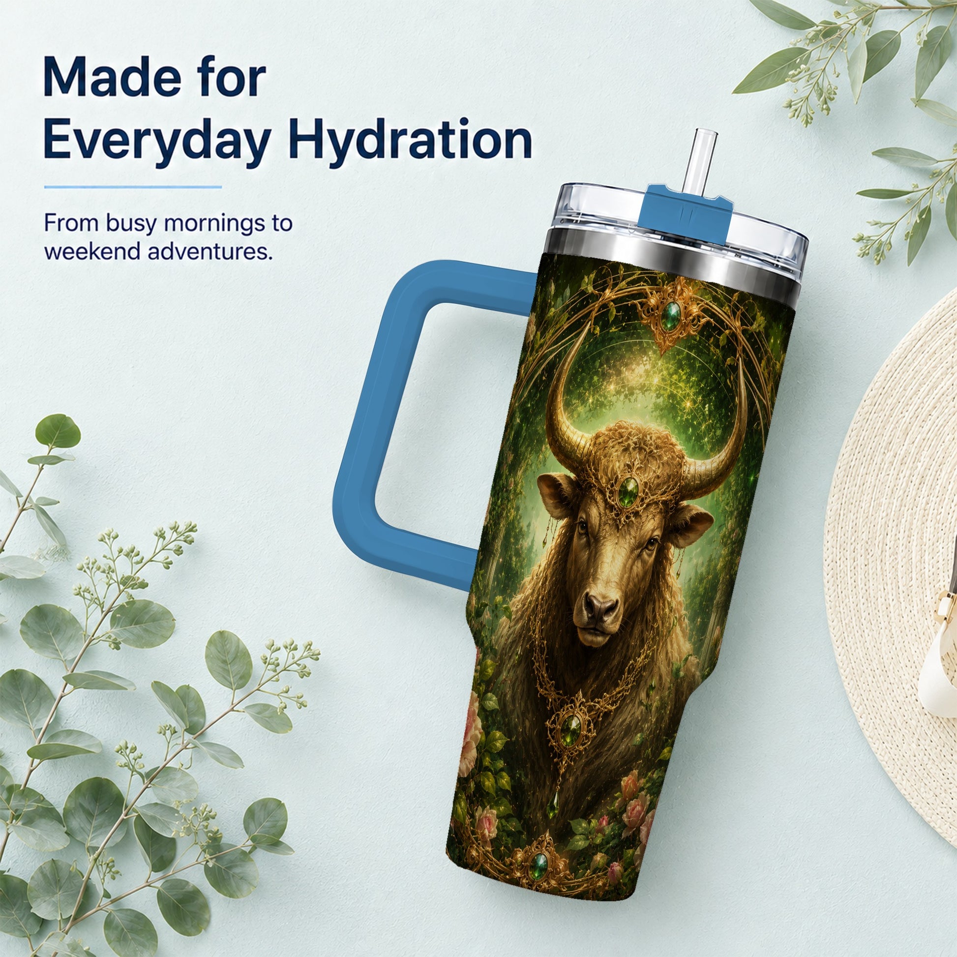 #pl[40oz|Blue] Taurus Bull 40oz Tumbler with Handle, Earth Zodiac Celestial Art
