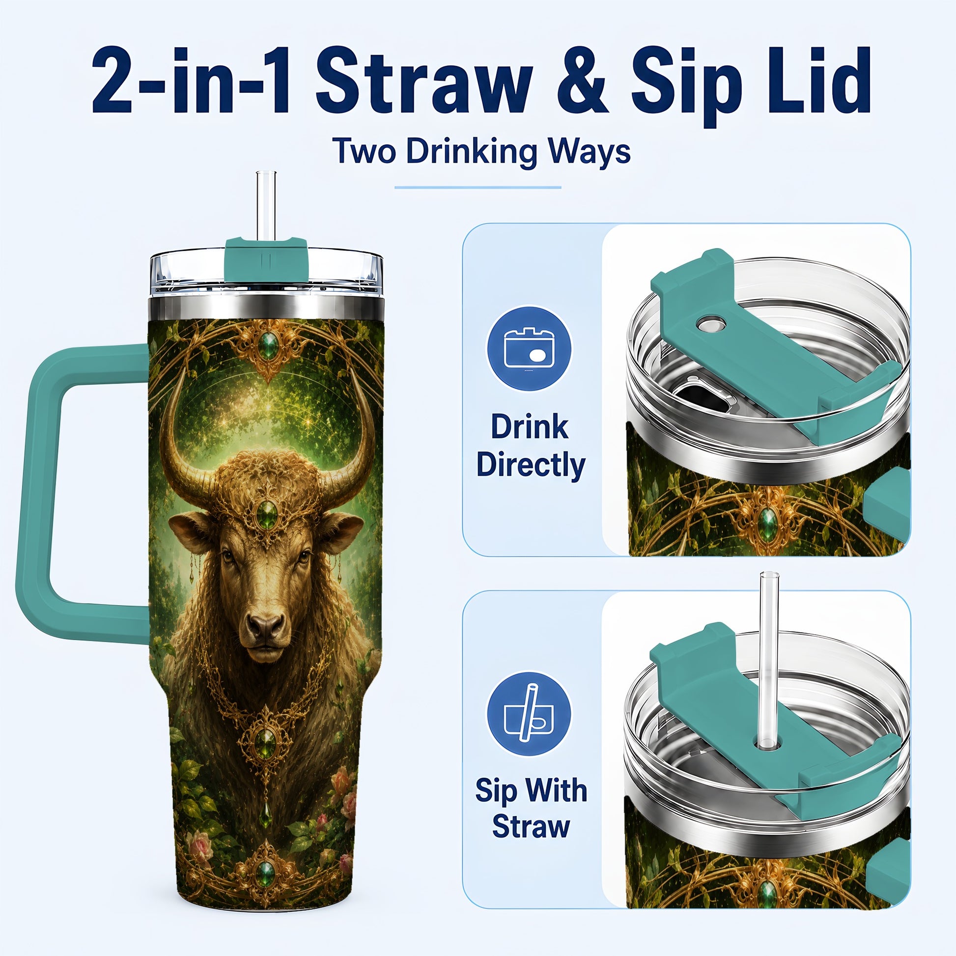 #pl[40oz|Green] Taurus Bull 40oz Tumbler with Handle, Earth Zodiac Celestial Art