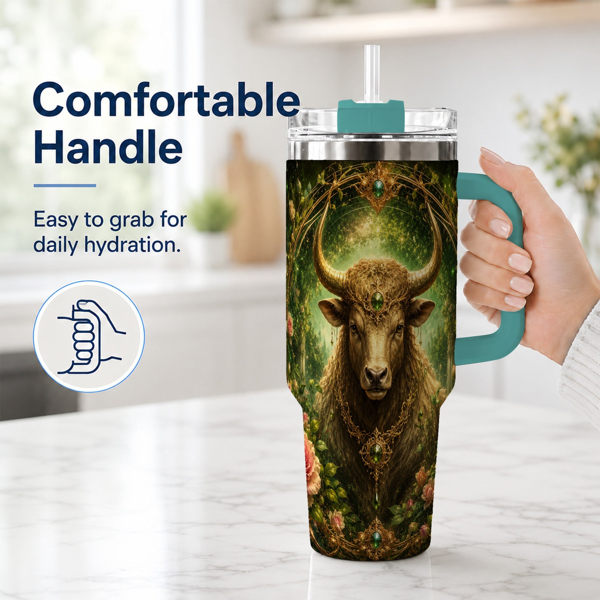 #pl[40oz|Green] Taurus Bull 40oz Tumbler with Handle, Earth Zodiac Celestial Art
