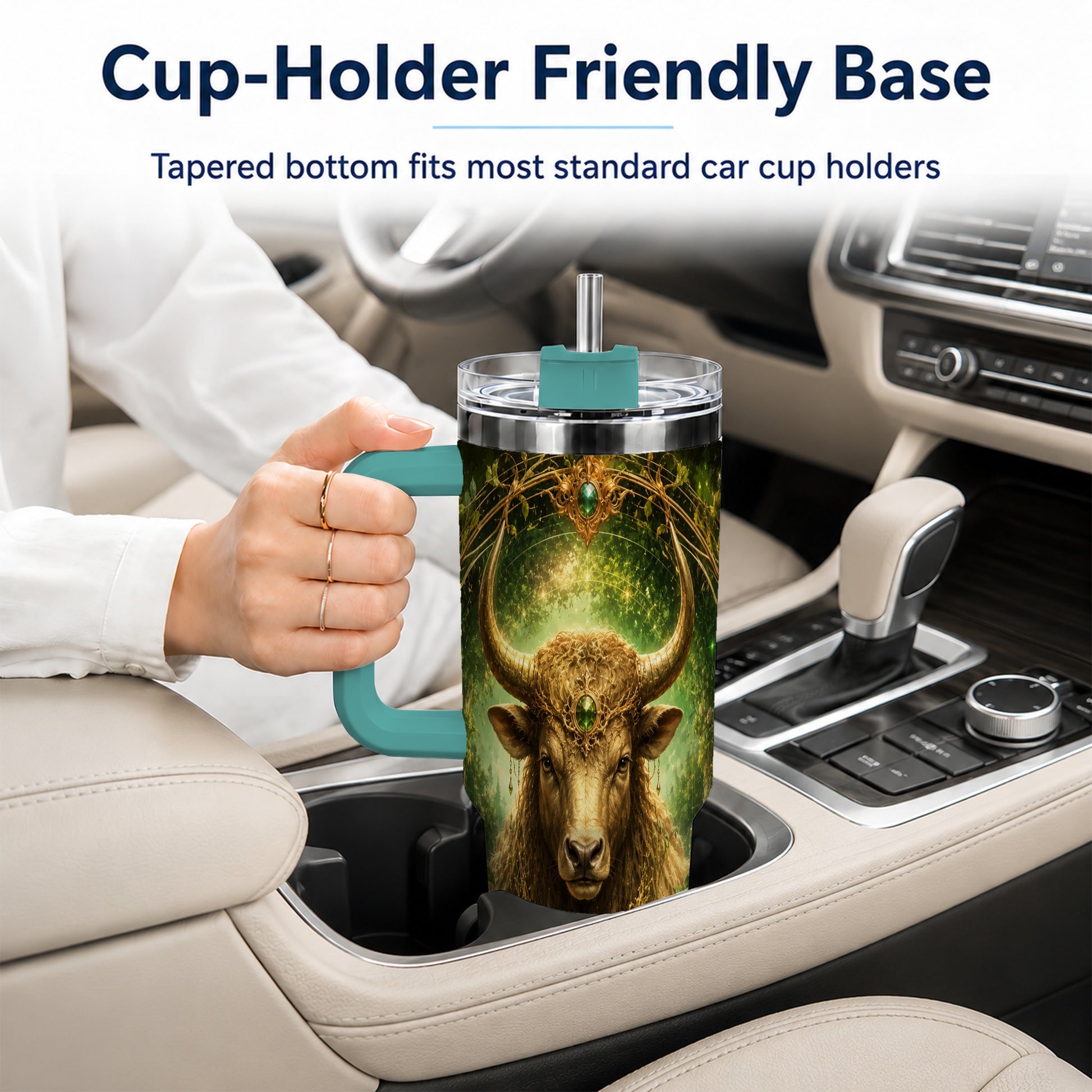 #pl[40oz|Green] Taurus Bull 40oz Tumbler with Handle, Earth Zodiac Celestial Art