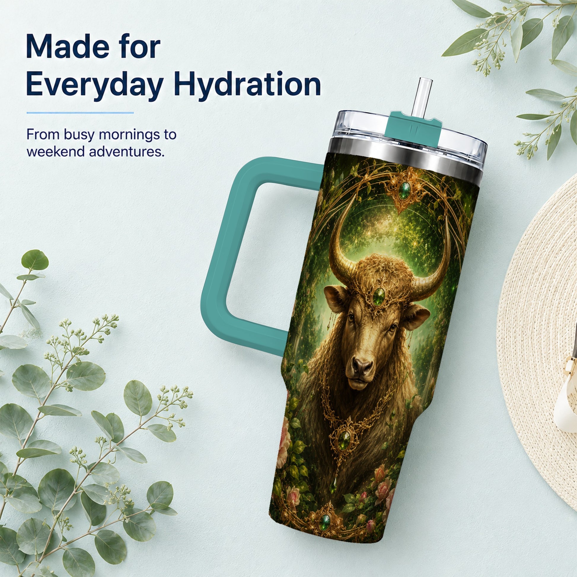 #pl[40oz|Green] Taurus Bull 40oz Tumbler with Handle, Earth Zodiac Celestial Art