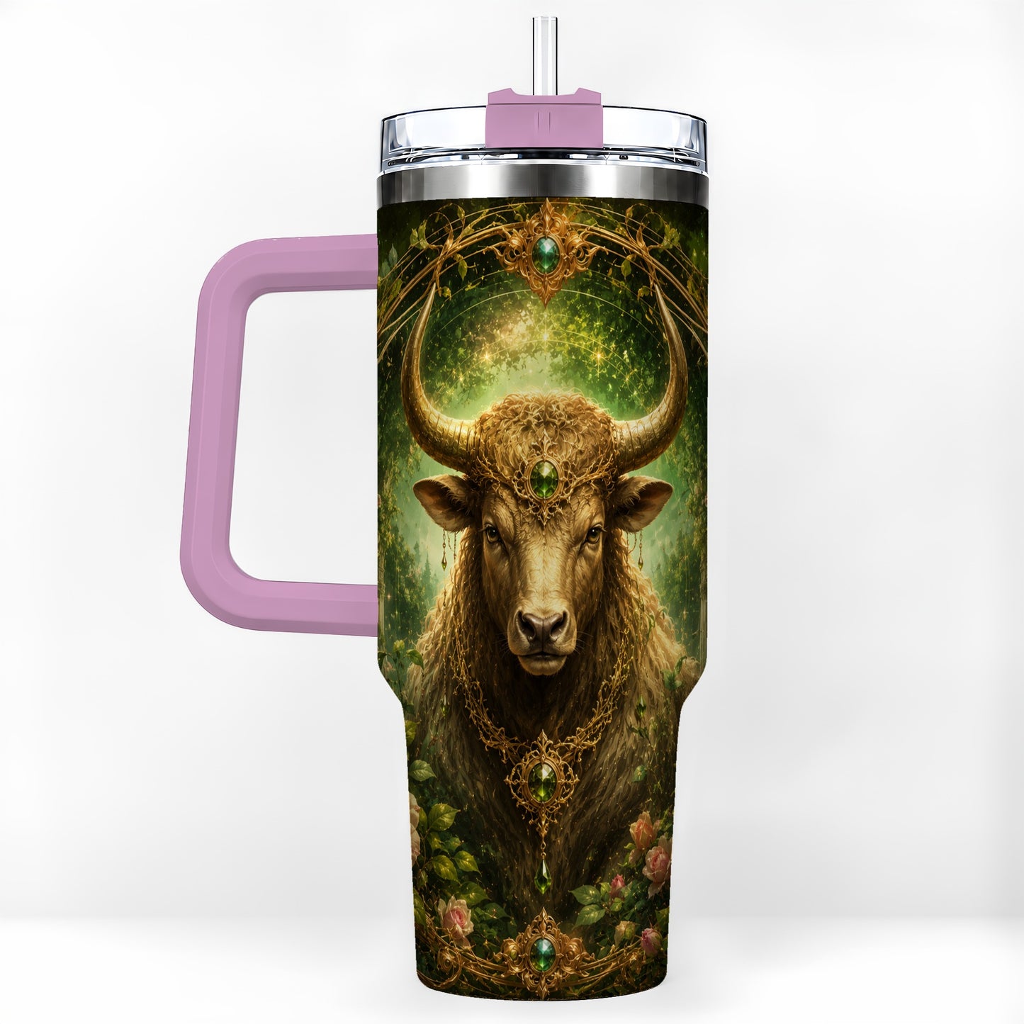 #pl[40oz|Pink] Taurus Bull 40oz Tumbler with Handle, Earth Zodiac Celestial Art