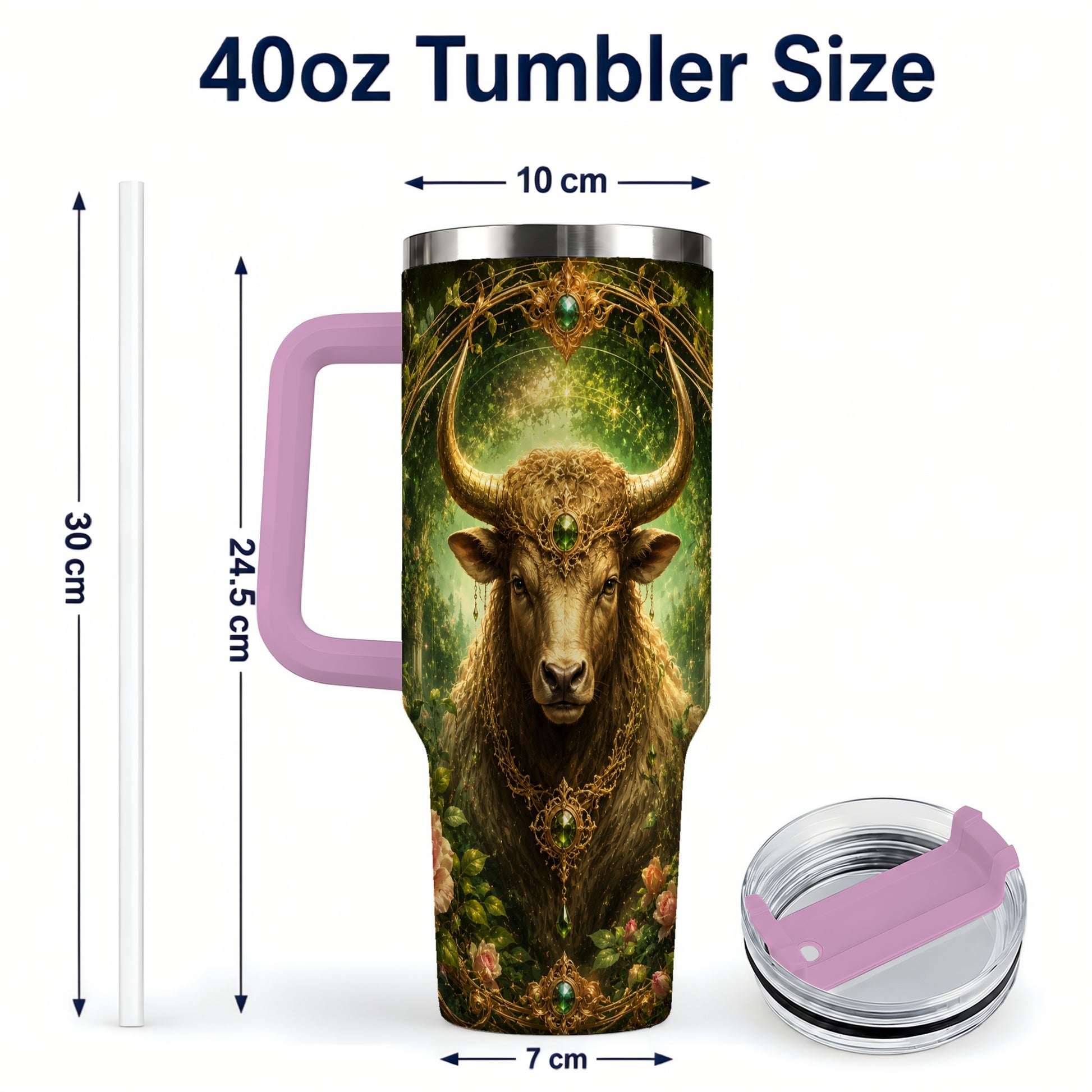 #pl[40oz|Pink] Taurus Bull 40oz Tumbler with Handle, Earth Zodiac Celestial Art